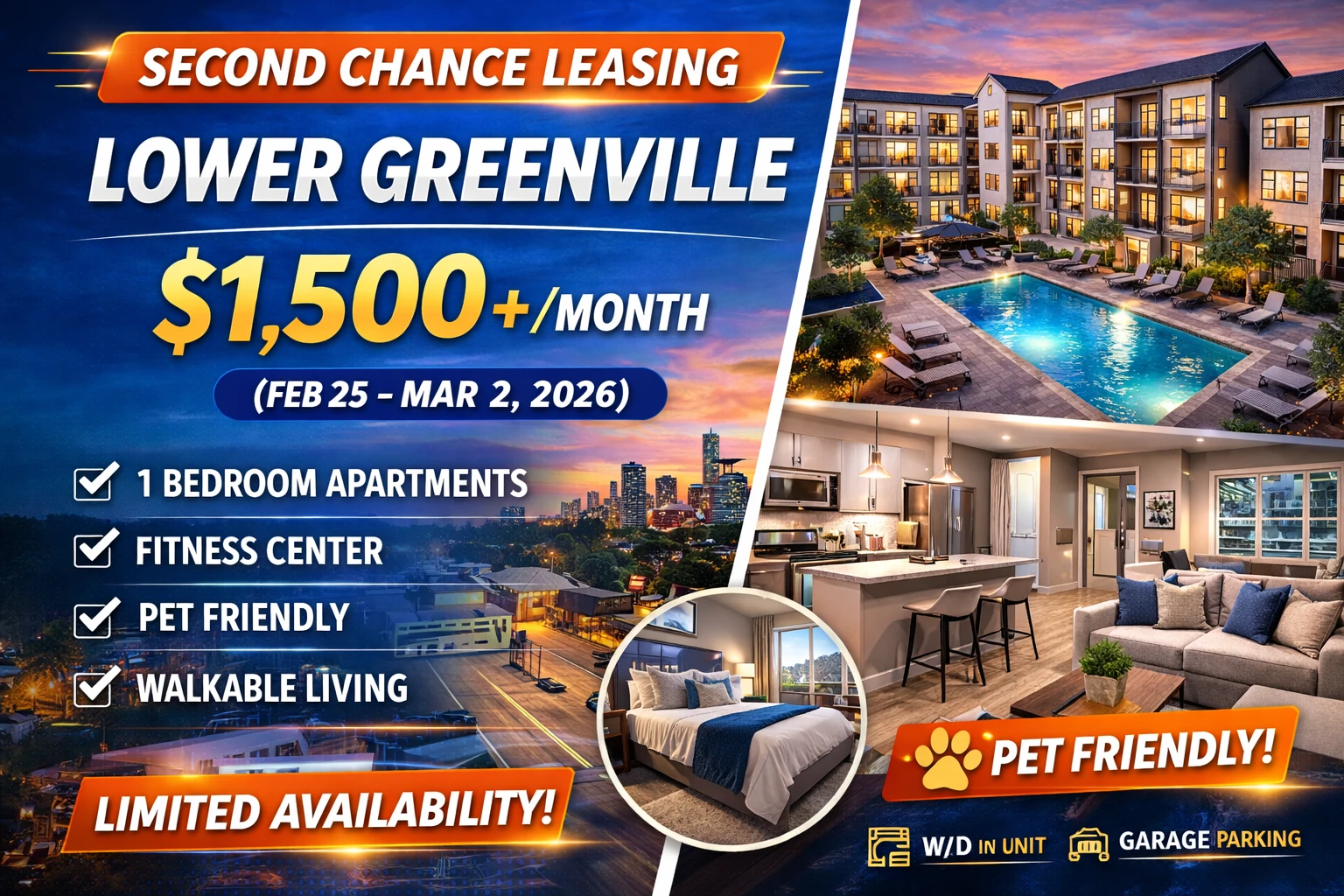 Second Chance Leasing Lower Greenville — 1 Bedroom from $1,350+ (Feb 25–Mar 2, 2026) • Dog Park • Walkable Greenville Ave Living