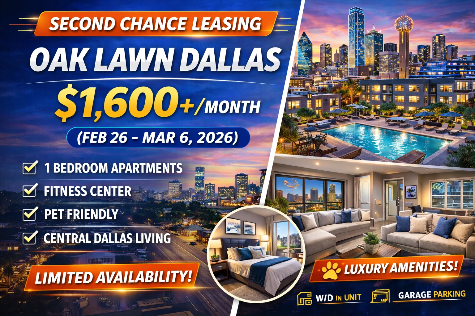 Second Chance Leasing Oak Lawn Dallas — 1 Bedroom from $1,600+ (Feb 26 – Mar 6, 2026) • Resort Pool • Central Dallas Living