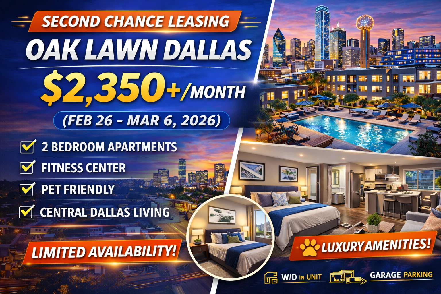 Second Chance Leasing Oak Lawn Dallas — 2 Bedroom from $2,350+ (Feb 26 – Mar 6, 2026) • Resort Pool • Central Dallas Living