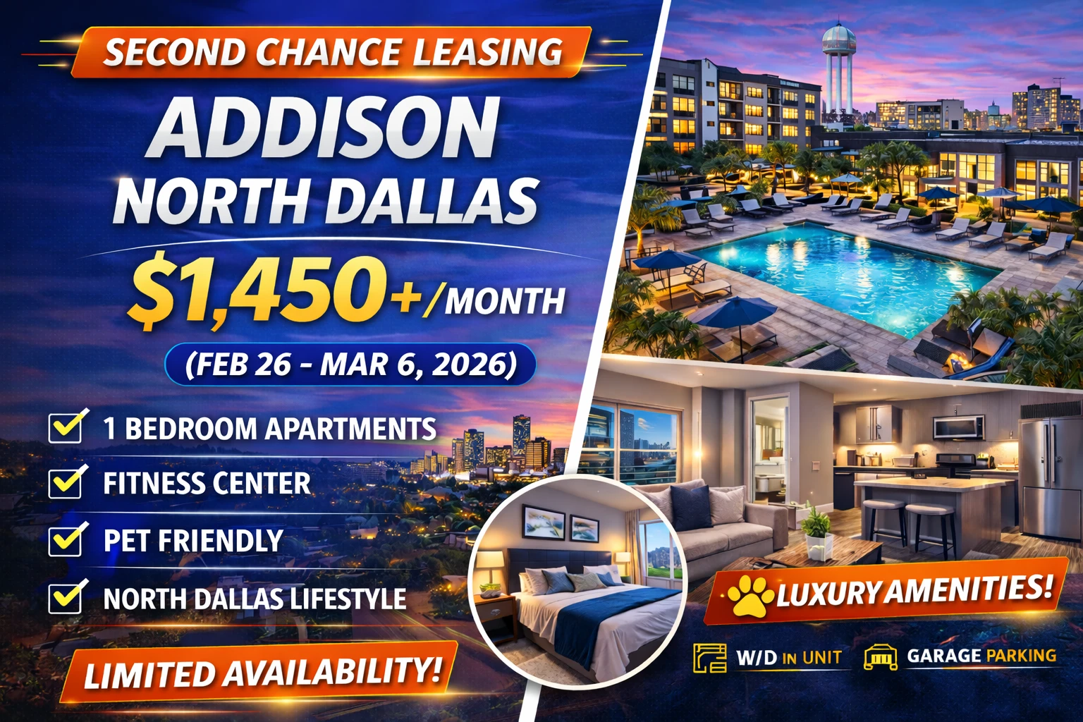 Second Chance Leasing Addison — 1 Bedroom from $1,450+ (Feb 26 – Mar 6, 2026) • Resort Pools • North Dallas Lifestyle