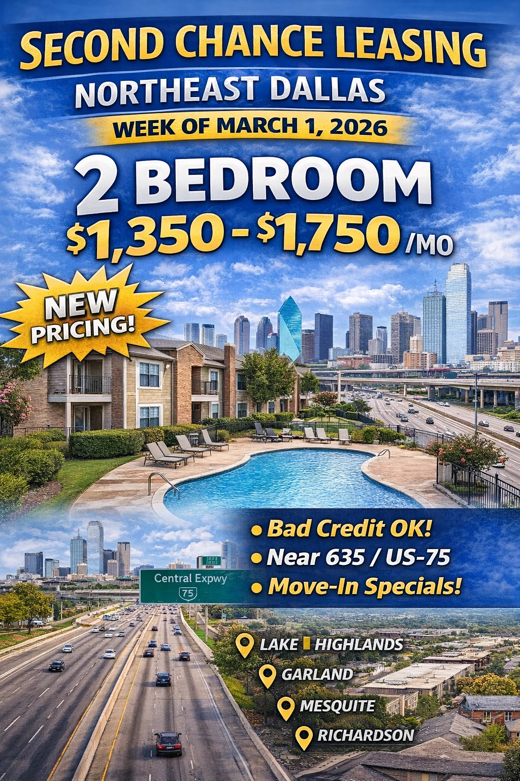 Second Chance Leasing Northeast Dallas — 2 Bedroom | $1,350–$1,750 • W/D rentals -  Week of March 1, 2026