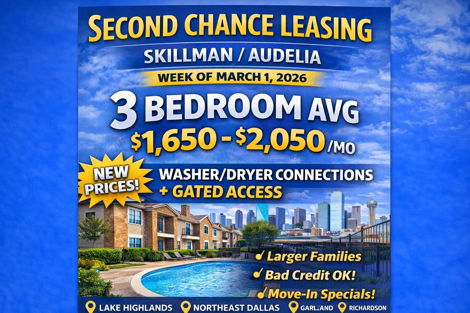 Second Chance Leasing Skillman / Audelia — 3 Bedroom Avg $1,650–$2,050 | Washer/Dryer Connections + Gated Access