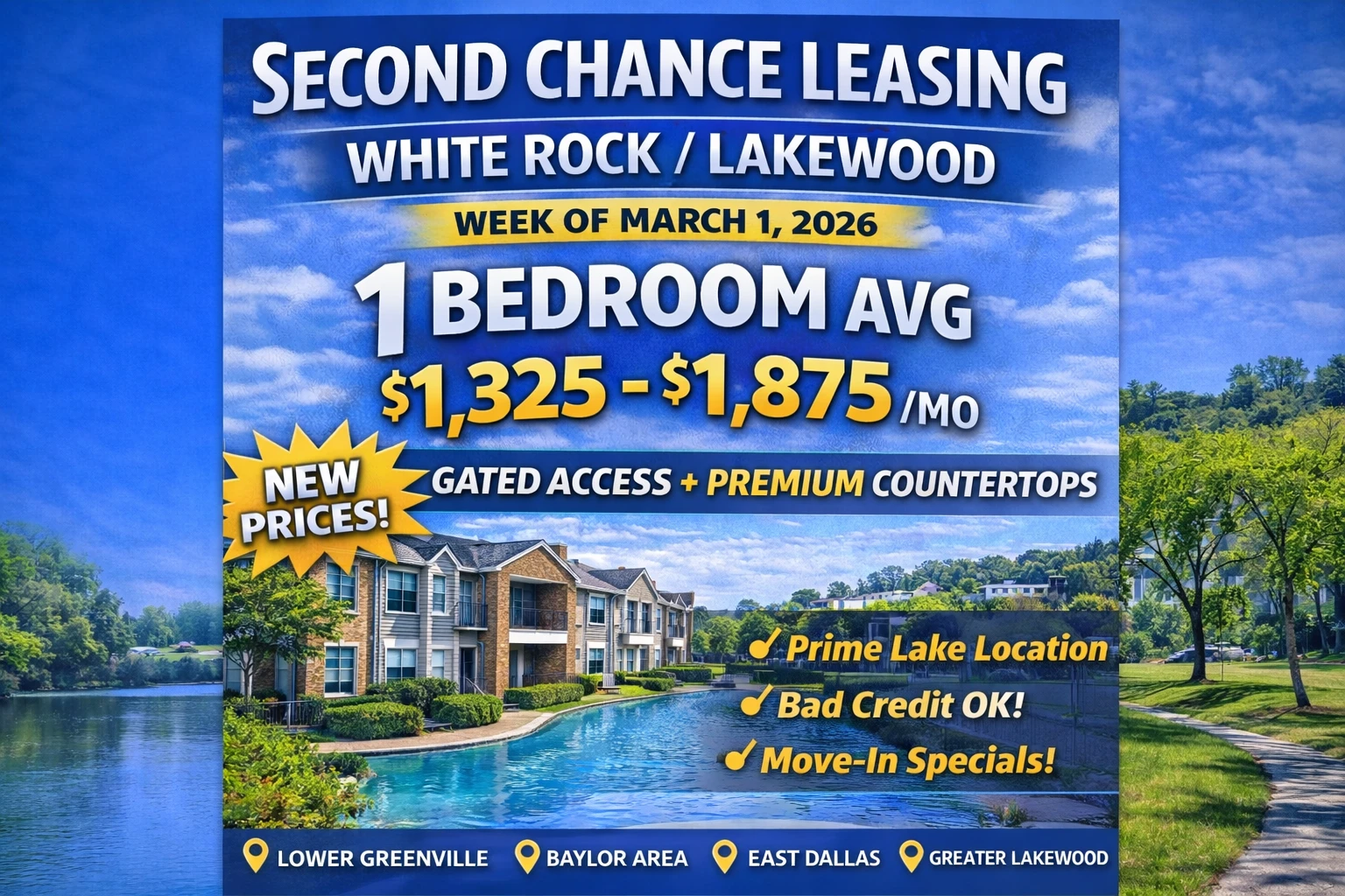 Second Chance Leasing White Rock / Lakewood — 1 Bedroom Avg $1,325–$1,875 (Week of March 1, 2026) | Gated Access + Premium Countertops
