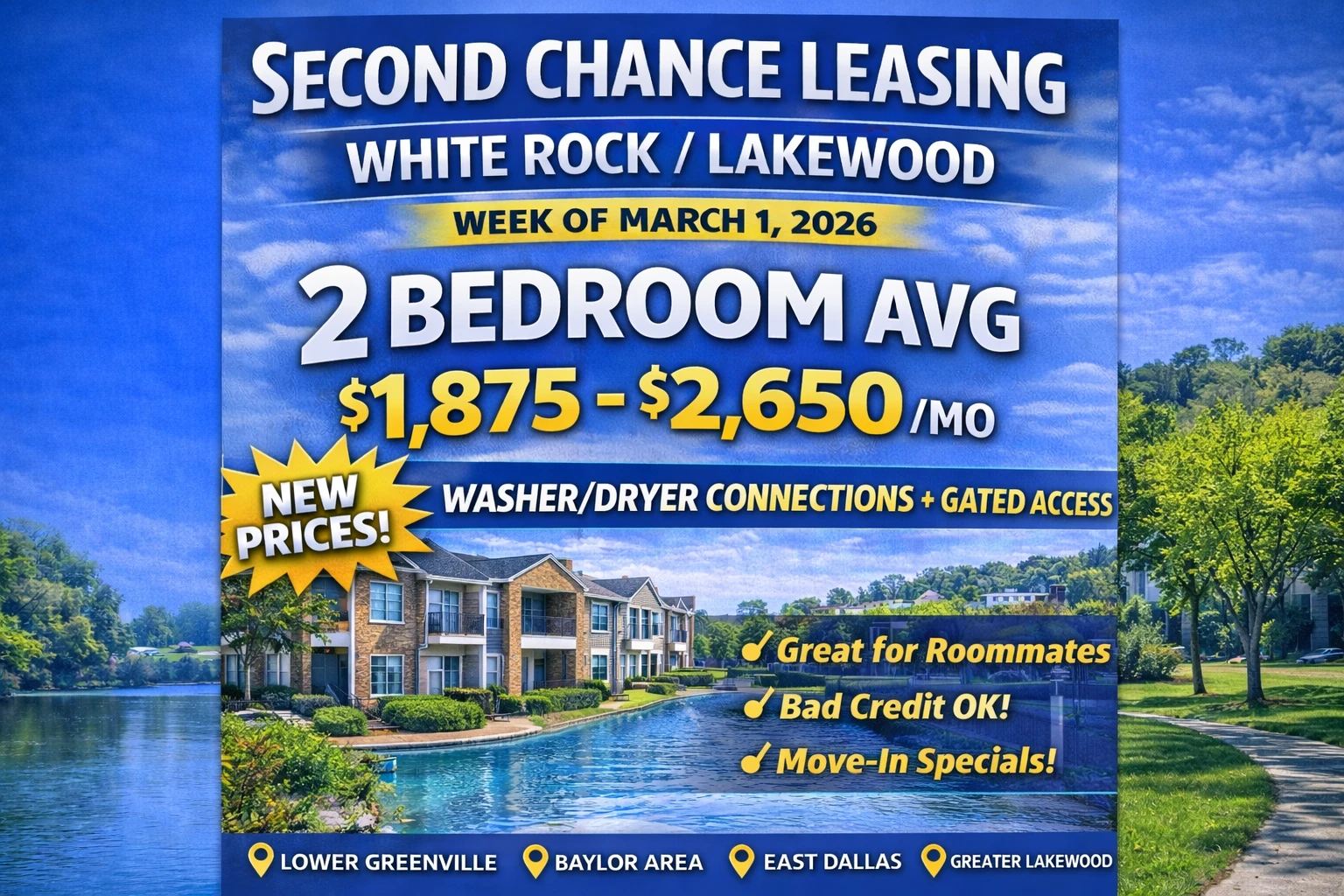 Second Chance Leasing White Rock / Lakewood — 2 Bedroom Avg $1,875–$2,650 (Week of March 1, 2026) | Washer/Dryer Connections + Gated Access