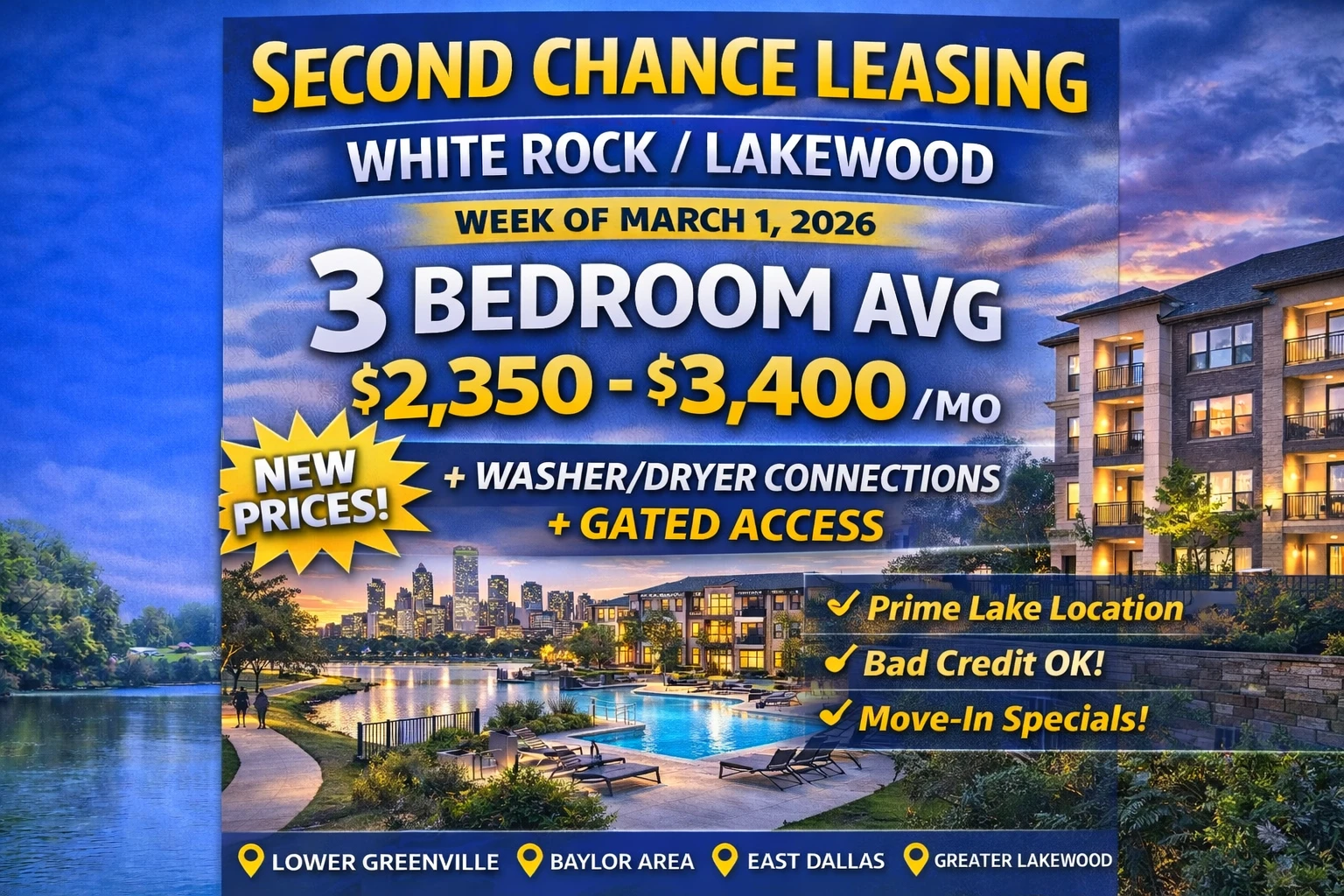 Second Chance Leasing White Rock / Lakewood — 3 Bedroom Avg $2,350–$3,400 (Week of March 1, 2026) | Washer/Dryer Connections + Gated Access