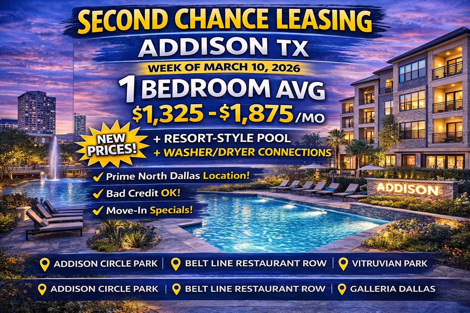 Second Chance Leasing Addison TX – 1 Bedroom Average $1,325–$1,875 | Resort-Style Pool + Washer/Dryer Connections | Week of March 10, 2026