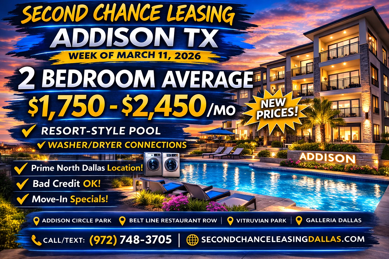 Second Chance Leasing Addison TX – 2 Bedroom Average $1,750–$2,450 | Resort-Style Pool + Washer/Dryer Connections | Week of March 11, 2026