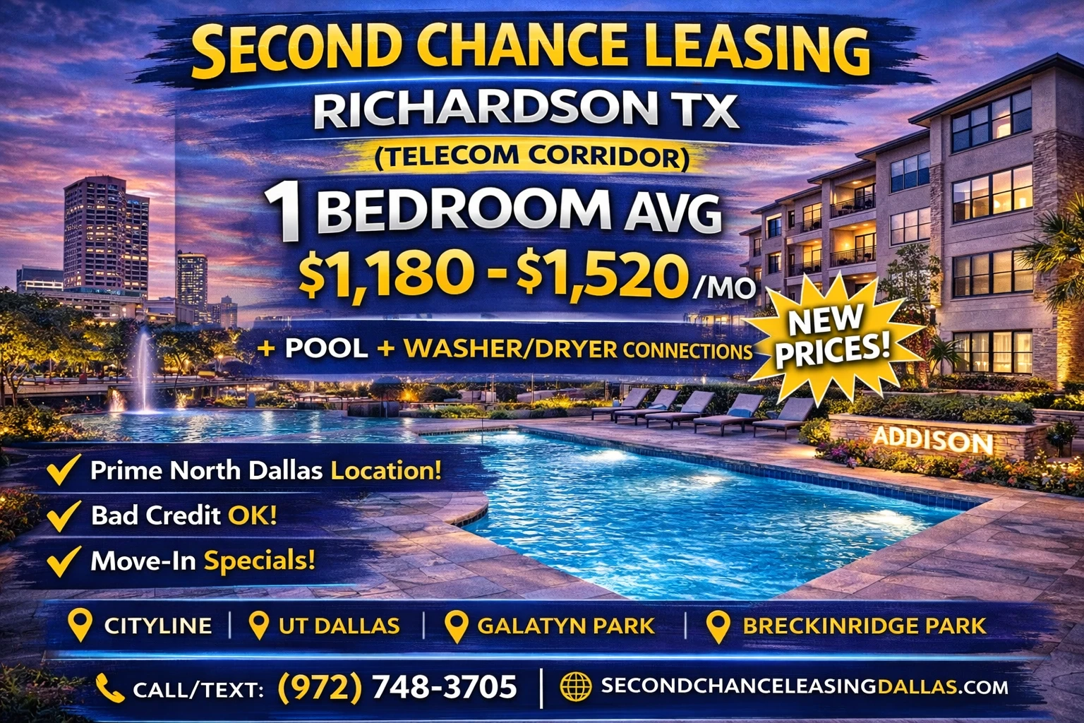 Second Chance Leasing Richardson TX (Telecom Corridor) — 1 Bedroom Average $1,180–$1,520 | Pool + Washer/Dryer Connections | Week of March 10, 2026