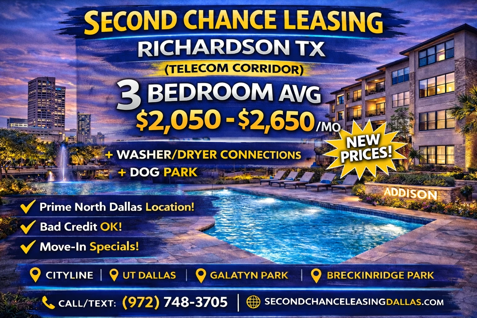 Second Chance Leasing Richardson TX (Telecom Corridor) — 3 Bedroom Average $2,050–$2,650 | Washer/Dryer Connections + Dog Park | Week of March 12, 2026