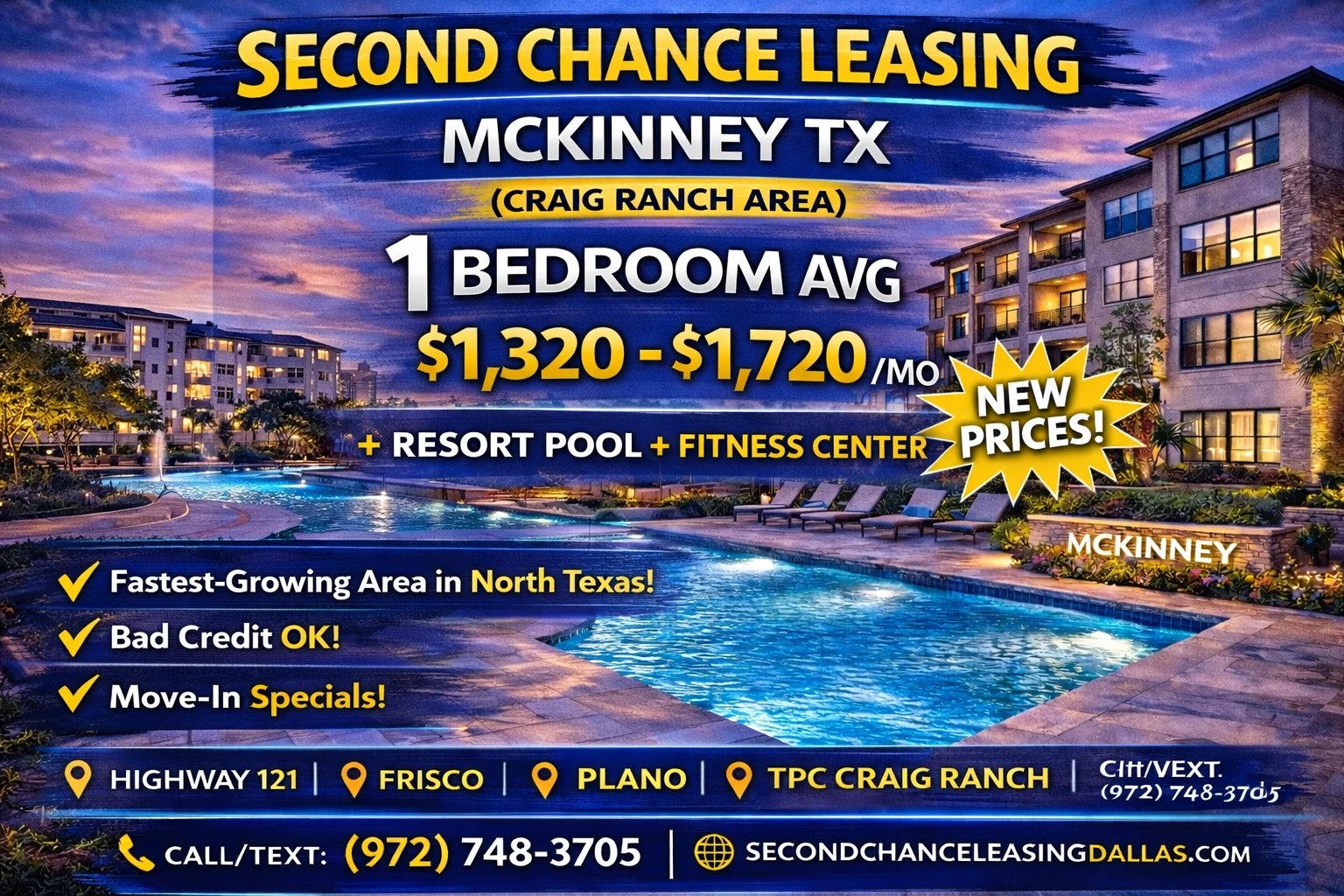 Second Chance Leasing McKinney TX (Craig Ranch Area) — 1 Bedroom Average $1,320–$1,720 | Resort Pool + Fitness Center | Week of March 12, 2026