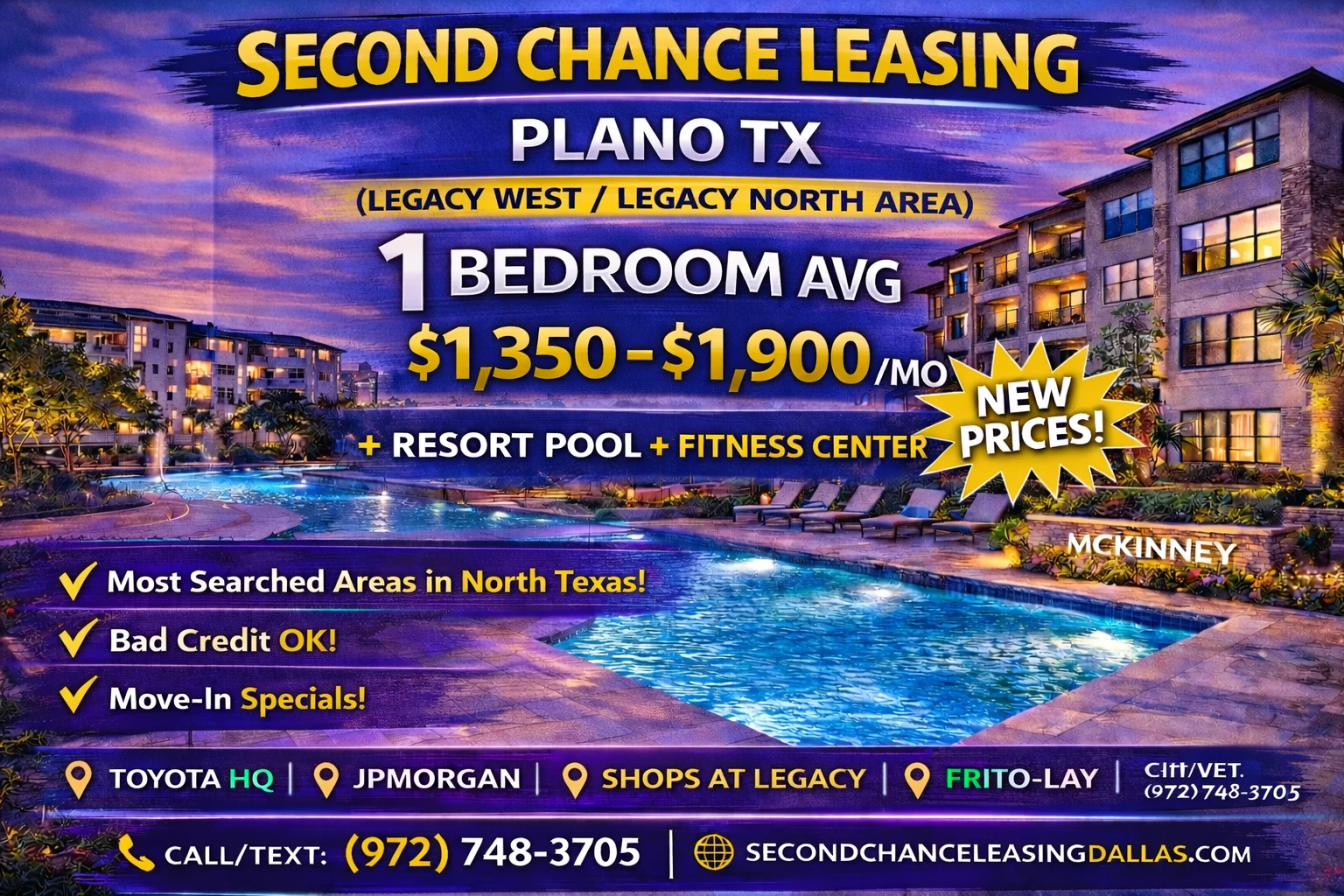 Second Chance Leasing Plano TX (Legacy West / Legacy North Area) — 1 Bedroom Average $1,350–$1,900 | Resort Pool + Fitness Center | Week of March 12, 2026