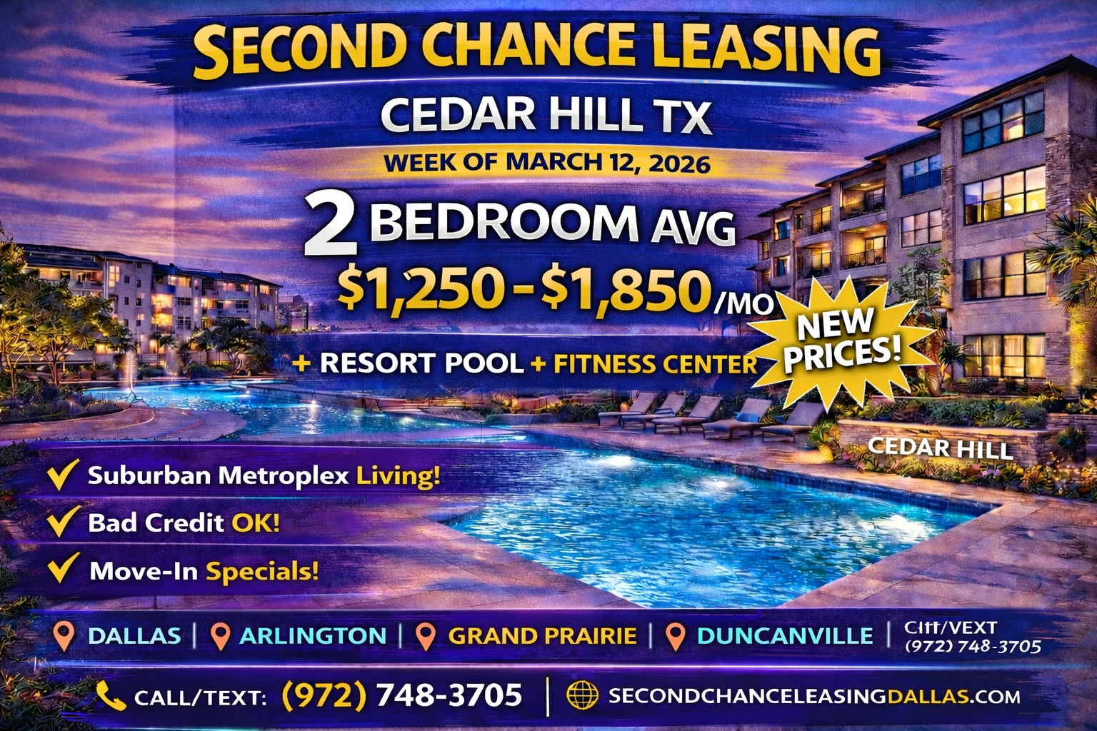 Second Chance Leasing Cedar Hill TX — 2 Bedroom Average $1,250–$1,850 | Resort Pool + Fitness Center | Week of March 12, 2026