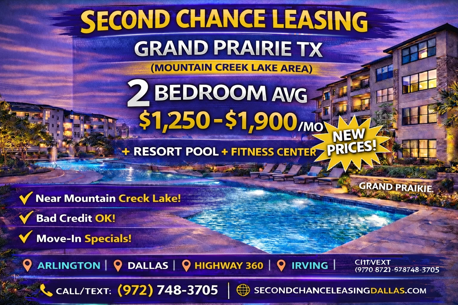 Second Chance Leasing Grand Prairie TX (Mountain Creek Lake Area) — 2 Bedroom Average $1,250–$1,900 | Resort Pool + Fitness Center | Week of March 12, 2026