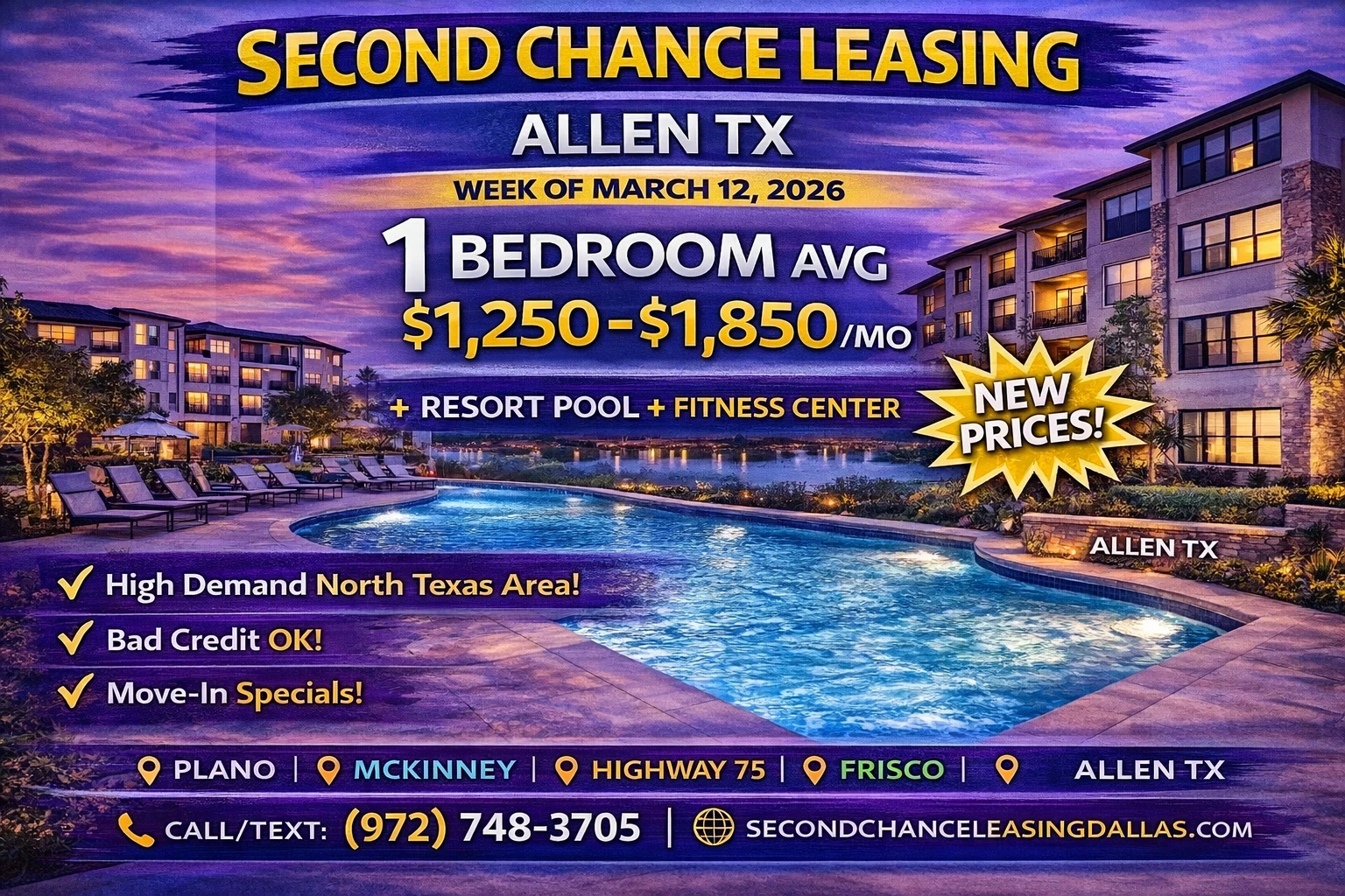 Second Chance Leasing Allen TX — 1 Bedroom Average $1,250–$1,850 | Resort Pool + Fitness Center | Week of March 12, 2026