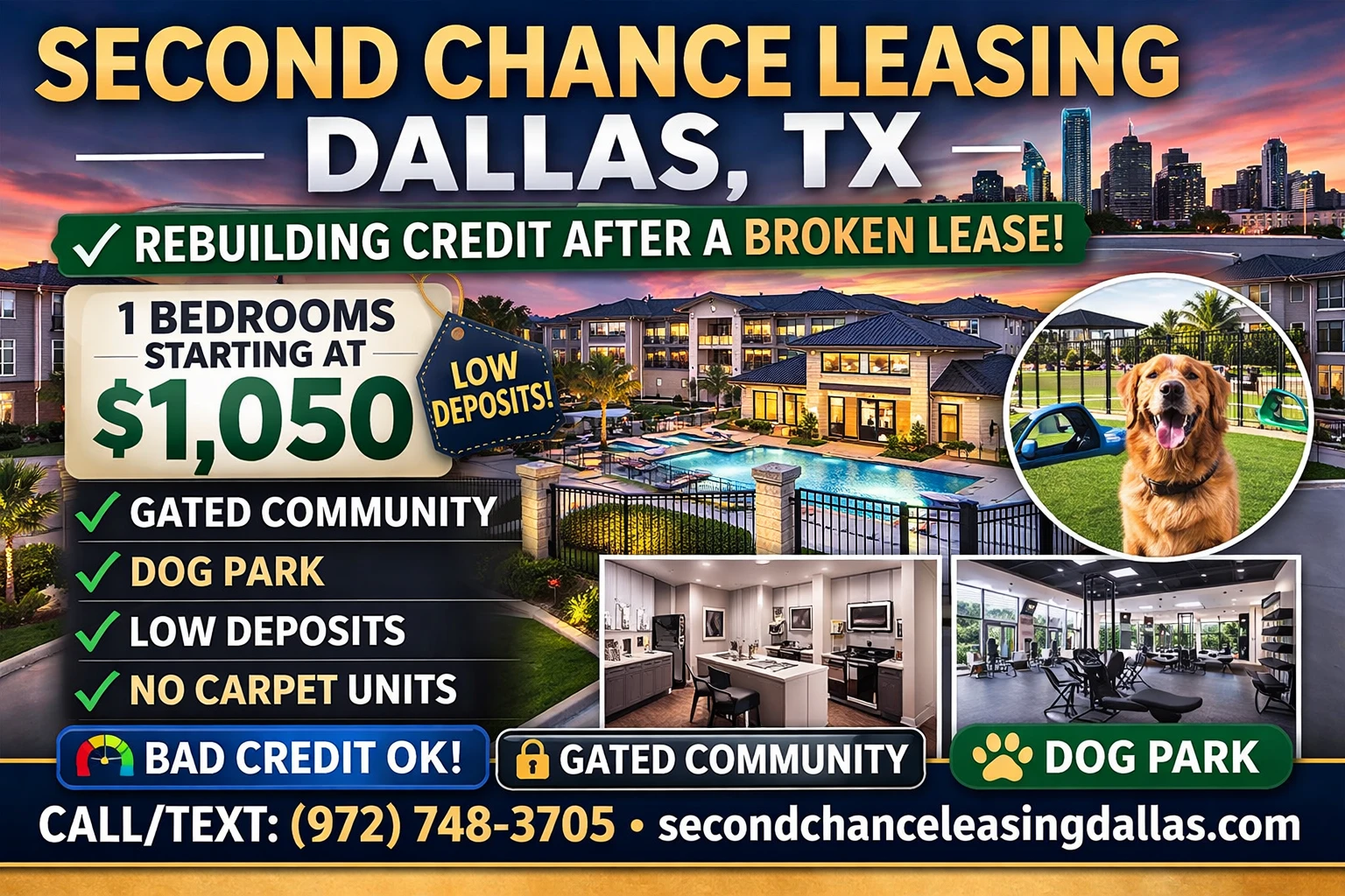 Second Chance Leasing Dallas TX – Rebuilding Credit After a Broken Lease (1 Bedroom Starting at $1,050 • Gated Community + Dog Park)