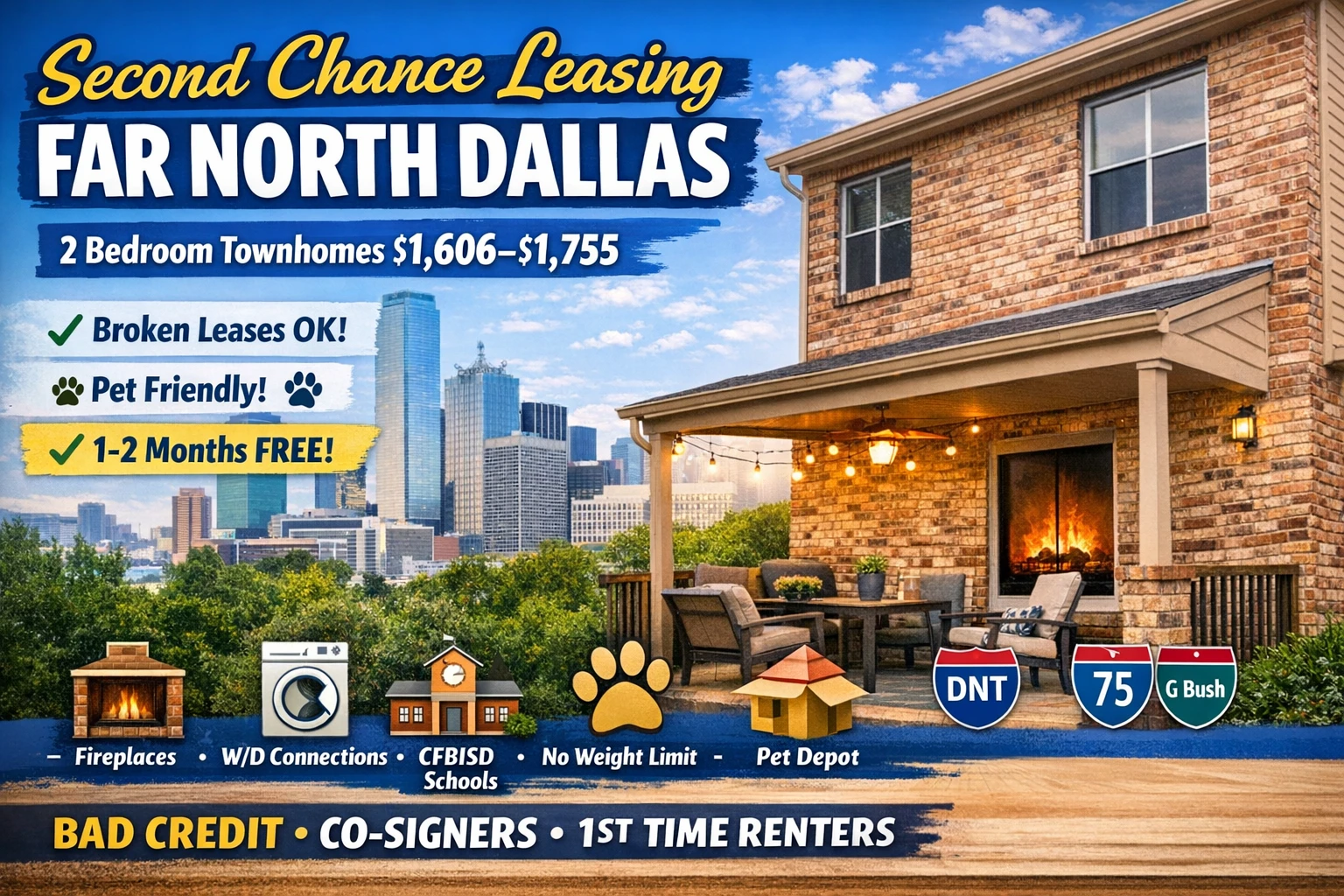 ⭐ Second Chance Leasing Far North Dallas | 2 Bedroom Townhome $1,606–$1,755 • 1,000–1,150 sq ft • Full W/D Connections + Fireplaces