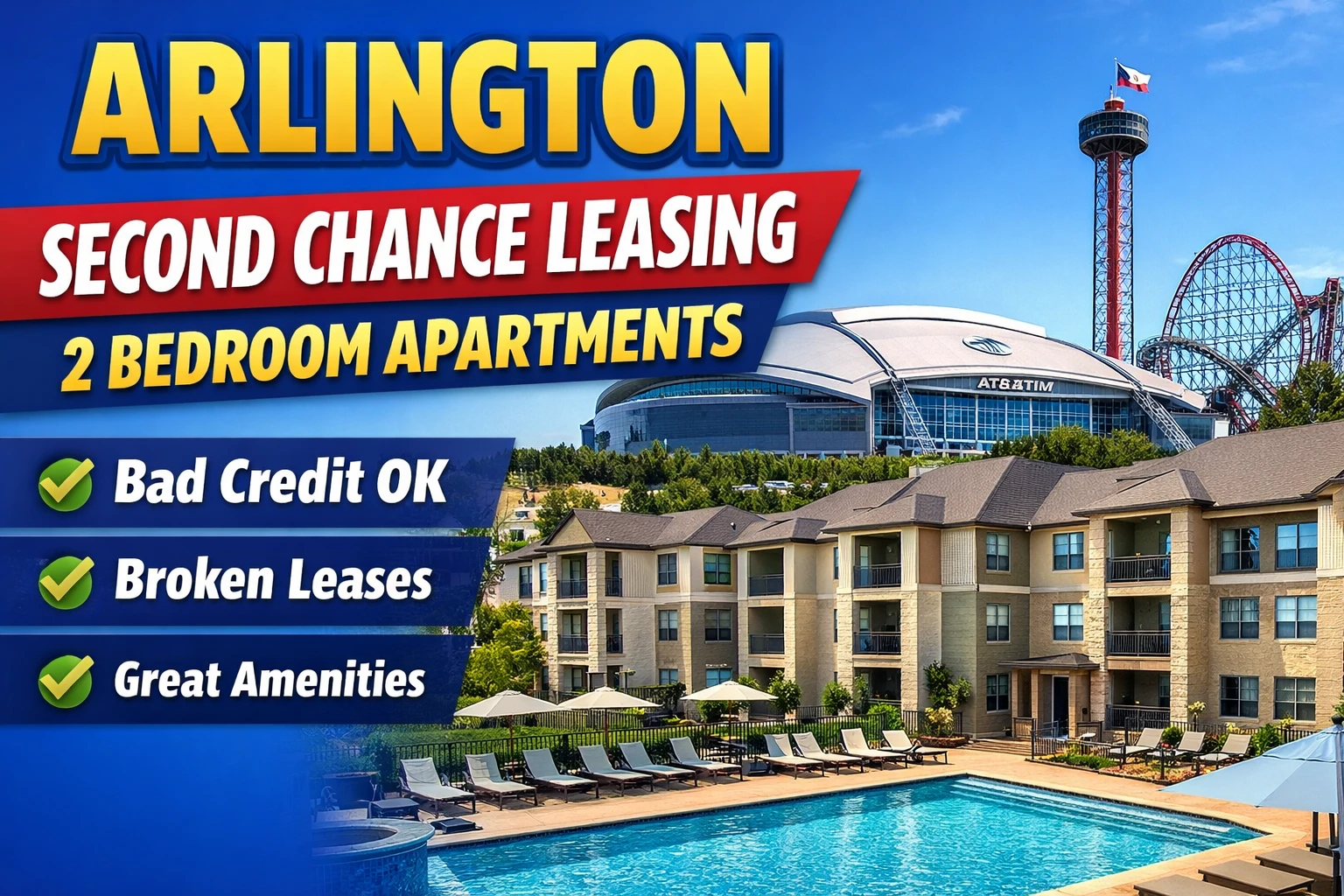 Arlington Second Chance Leasing 2 Bedroom Average From $1,450 With Pool + Washer/Dryer + Gated Access