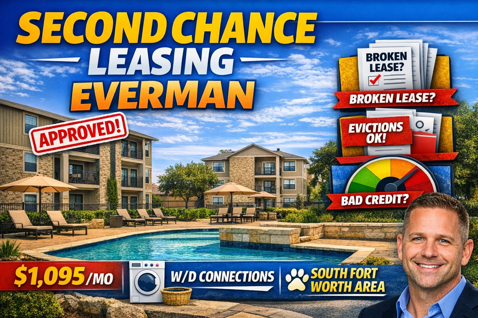 ⭐ Second Chance Leasing Everman | 1 Bedrooms Starting at $1,095 AVG • Pet Friendly • W/D Connections
