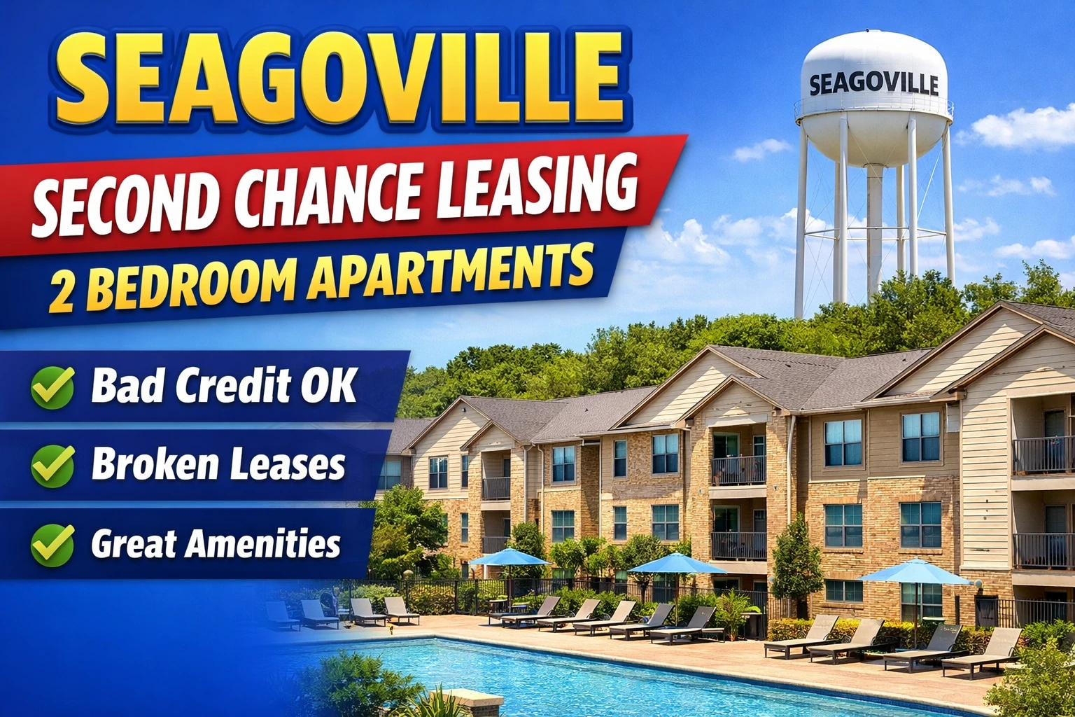 Seagoville Second Chance Leasing 2 Bedroom Average From $1,350 With Pool + Washer/Dryer + Gated Access