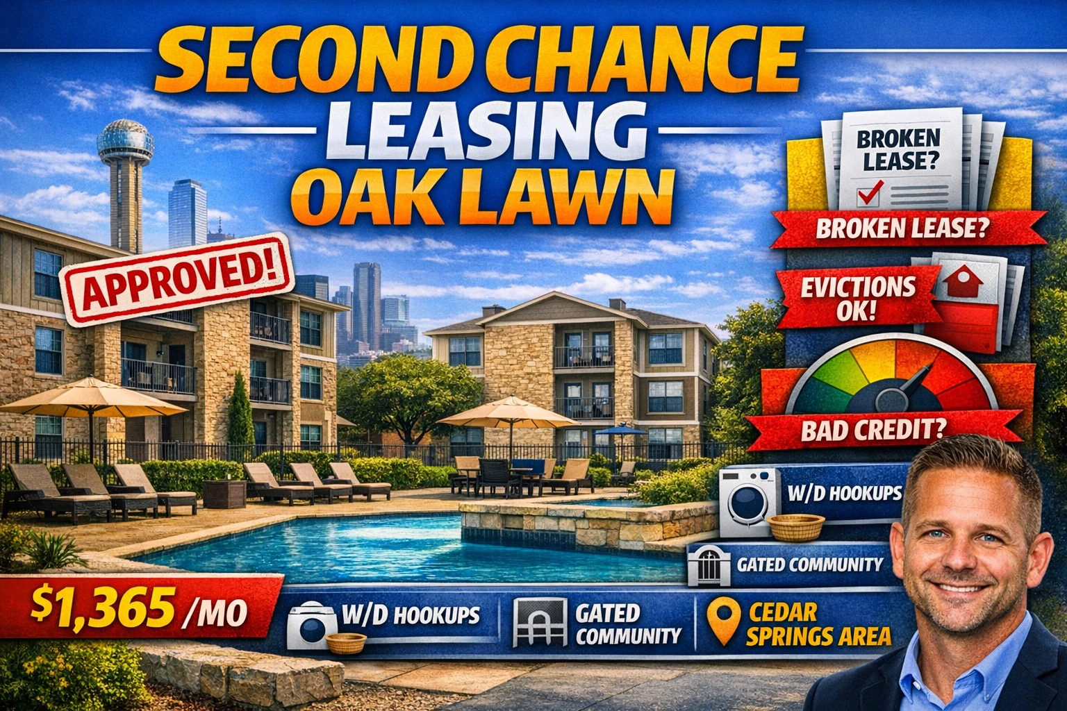 ⭐ Second Chance Leasing Oak Lawn | 1 Bedroom Starting at $1,365 • Gated Community • W/D Connections