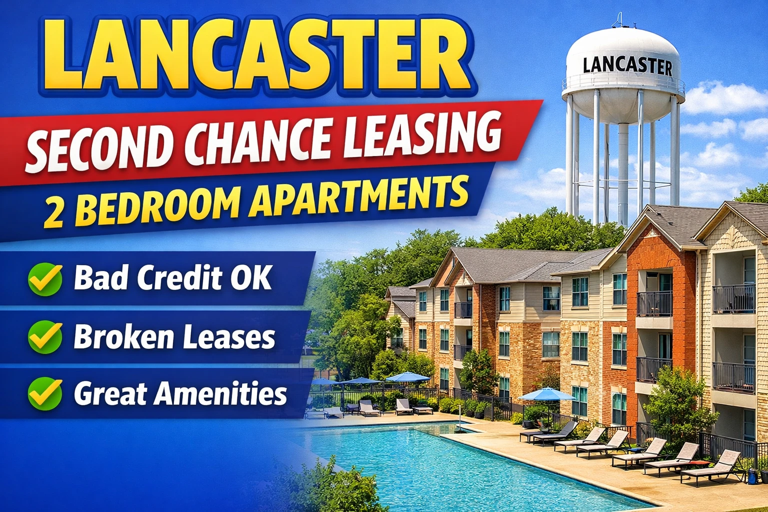 Lancaster Second Chance Leasing 2 Bedroom Average From $1,300 With Pool + Washer/Dryer + Gated Access