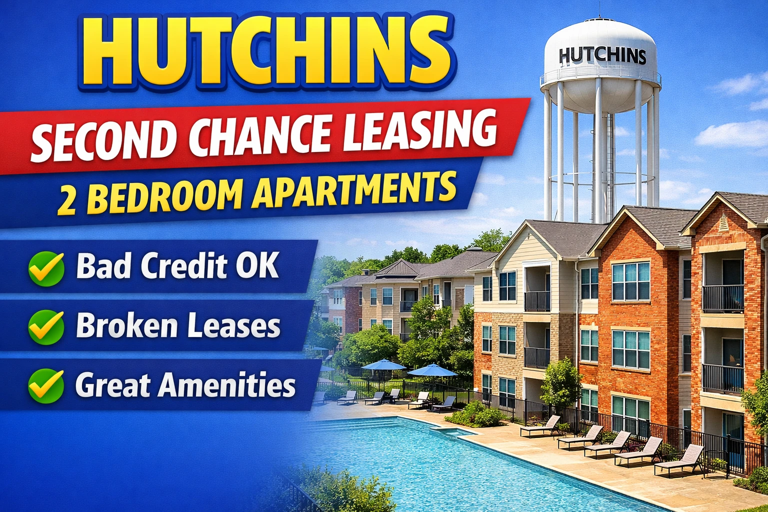 Hutchins Second Chance Leasing 2 Bedroom Average From $1,250 With Pool + Washer/Dryer + Gated Access