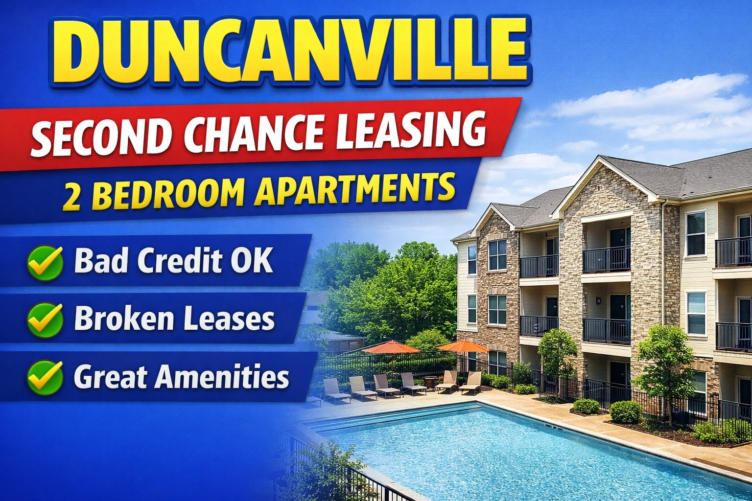 Duncanville Second Chance Leasing 2 Bedroom Average From $1,325 With Pool + Washer/Dryer + Gated Access