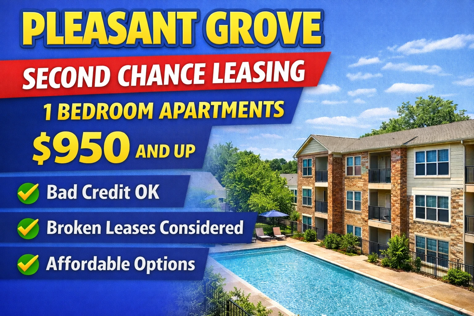 Pleasant Grove / Southeast Dallas Second Chance Leasing 1 Bedroom From $950 With Pool + Washer/Dryer + Gated Access