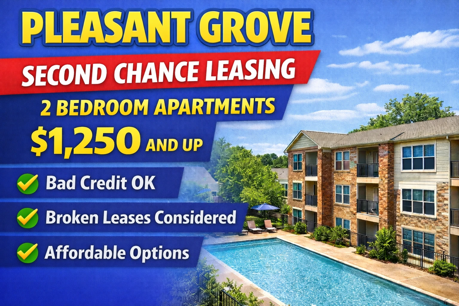 Mesquite / Southeast Dallas Second Chance Leasing 2 Bedroom From $1,250 With Pool + Washer/Dryer + Gated Access