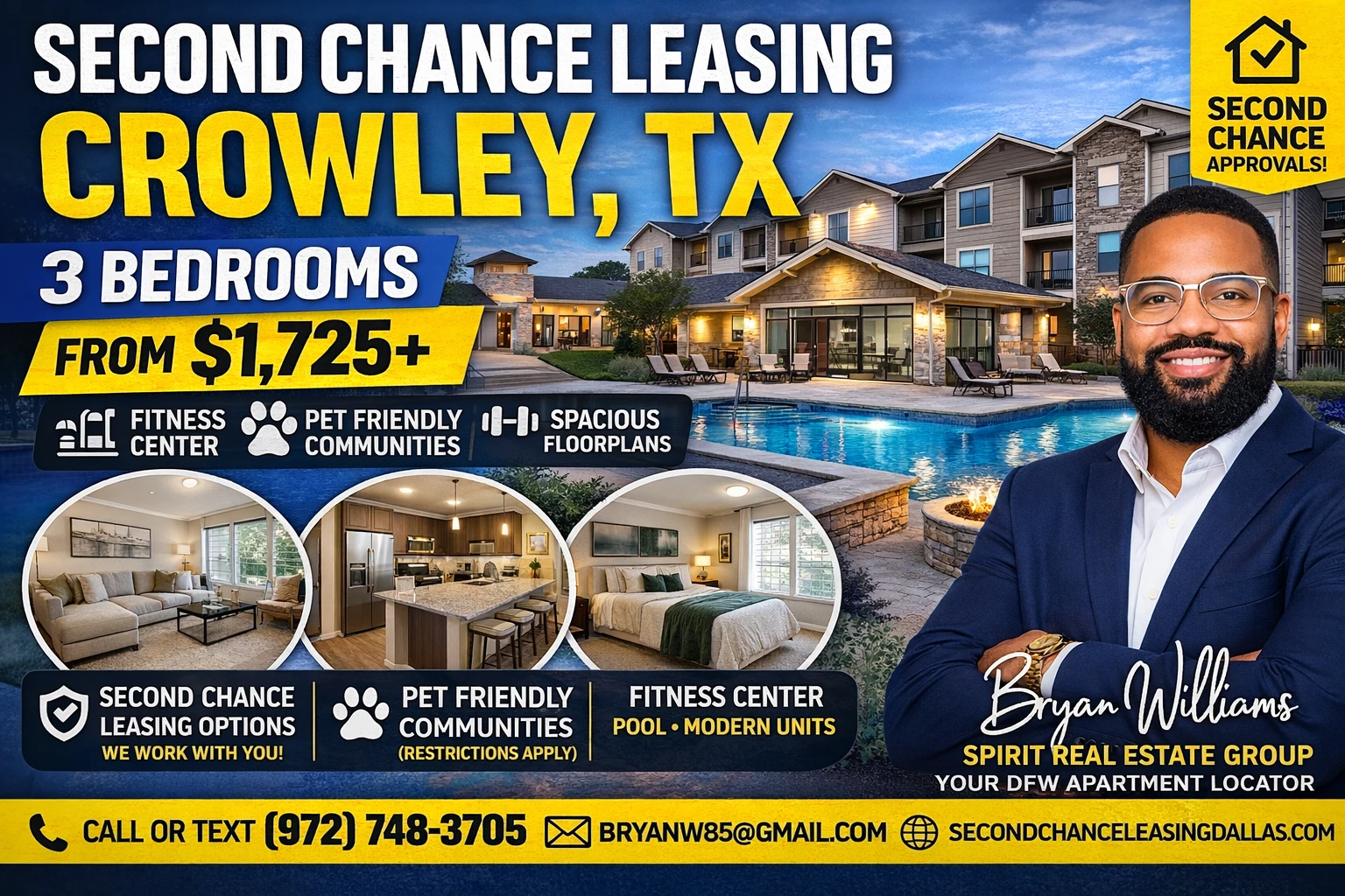 SECOND CHANCE LEASING CROWLEY TX | 3 BEDROOMS FROM $1,725 | FITNESS CENTER + PET FRIENDLY