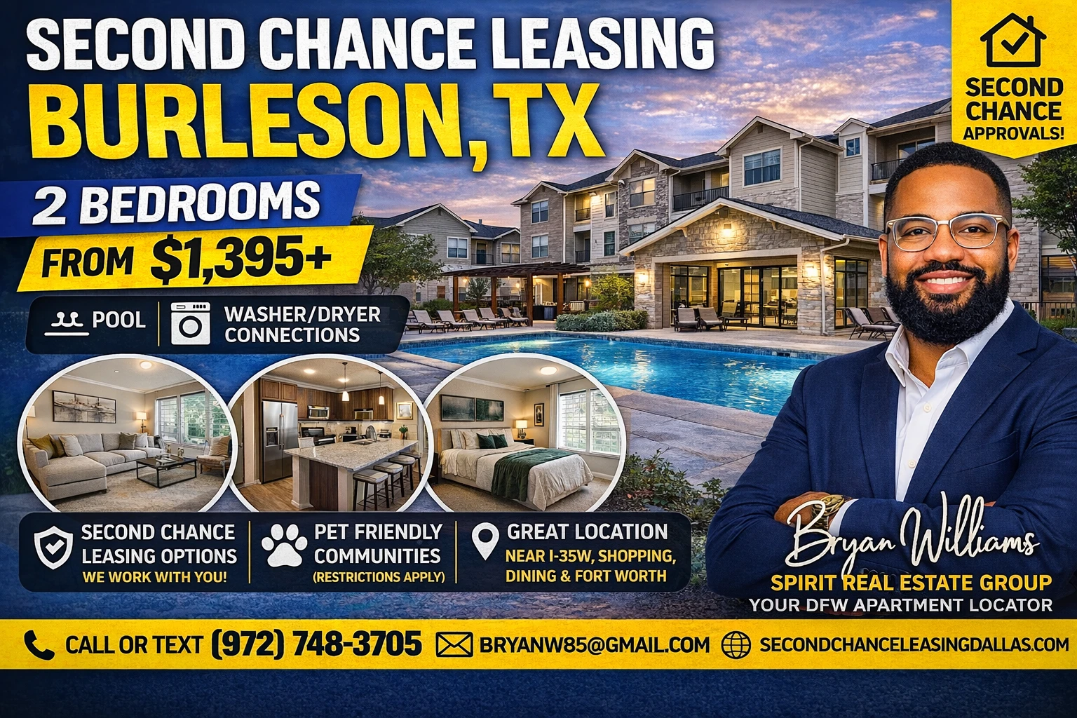 SECOND CHANCE LEASING BURLESON TX | 2 BEDROOMS FROM $1,395 | POOL + WASHER/DRYER CONNECTIONS