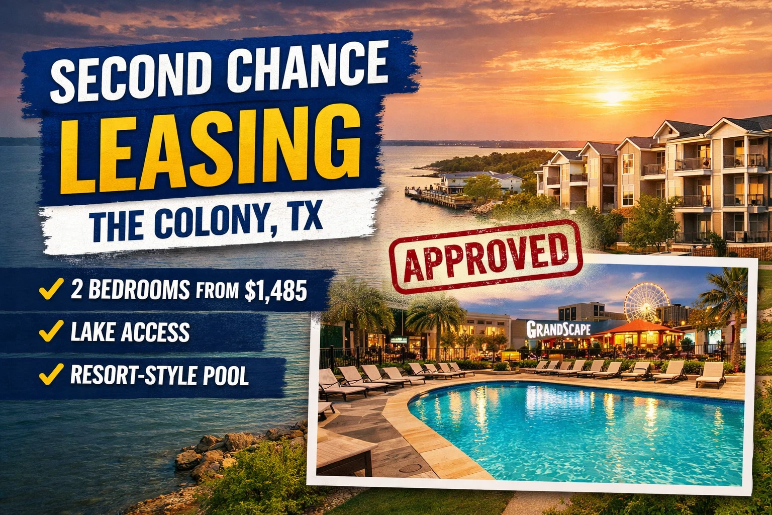 Second Chance Leasing (The Colony, TX) — 2 Bedroom Apartments Starting at $1,485 | Lake Access + Resort-Style Pool