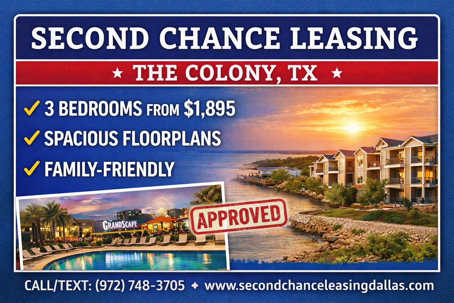 Second Chance Leasing The Colony TX — 3 Bedroom $1,895 | Spacious Floorplans + Family-Friendly