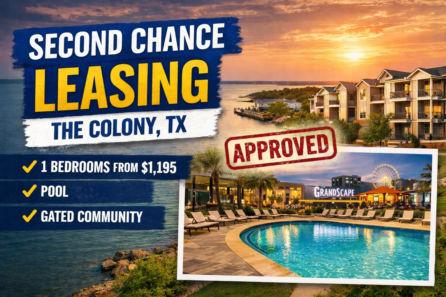 Second Chance Leasing The Colony TX — 1 Bedroom $1,195 | Pool + Gated Community