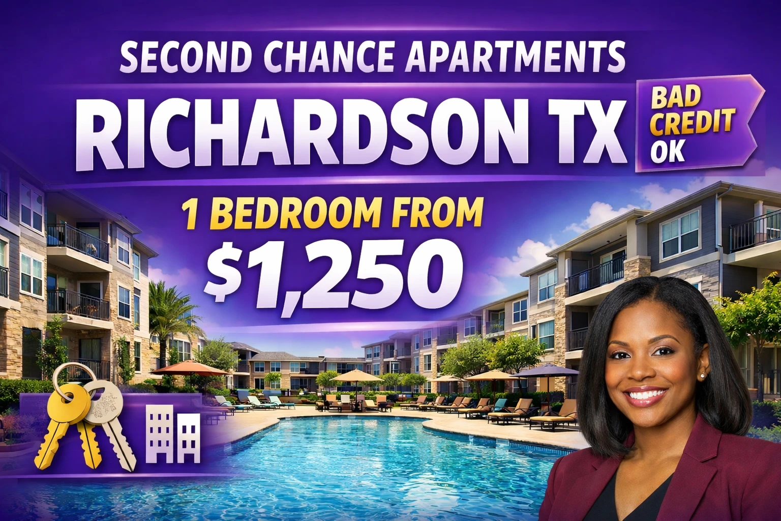 Second Chance Leasing Richardson TX • 1 Bedroom Apartments from $1,150 • Gated + Pool Access