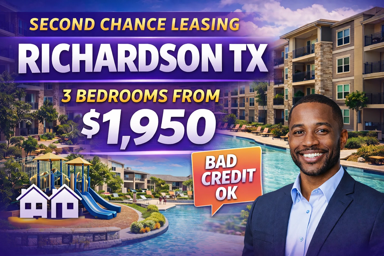 Second Chance Leasing Richardson TX • 3 Bedroom Apartments from $1,950 • Gated + Pool + Family-Friendly Layouts