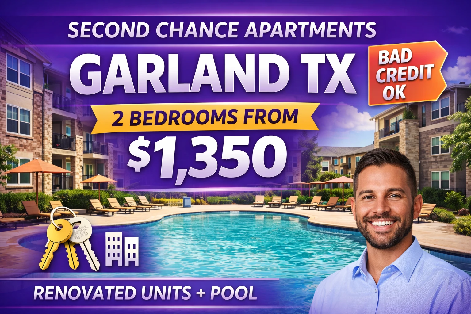 Second Chance Leasing Garland TX • 2 Bedroom Apartments from $1,350 • Pool + Renovated Units