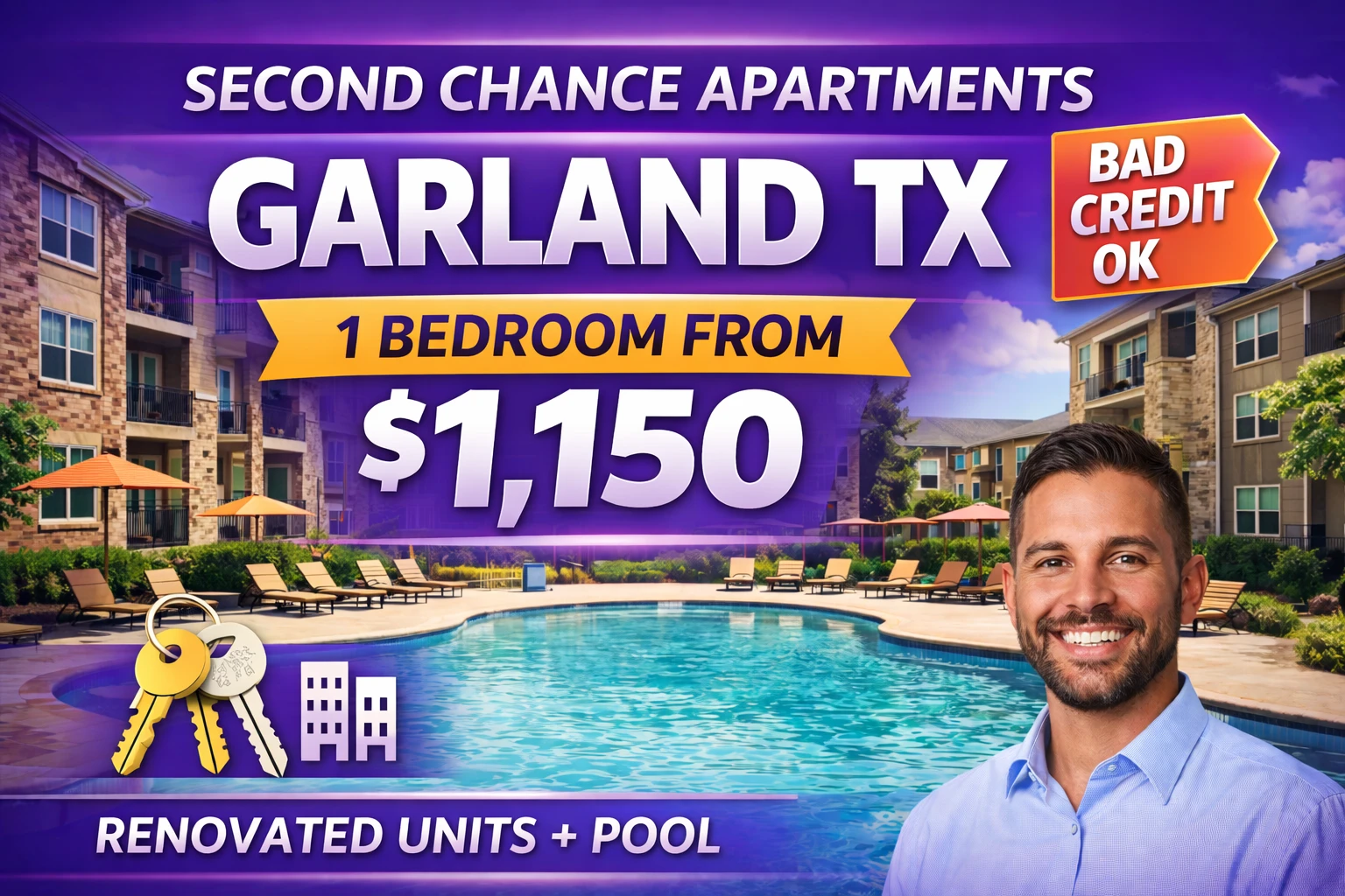 Second Chance Leasing Garland TX • 1 Bedroom Apartments from $1,150 • Pool + Renovated Units