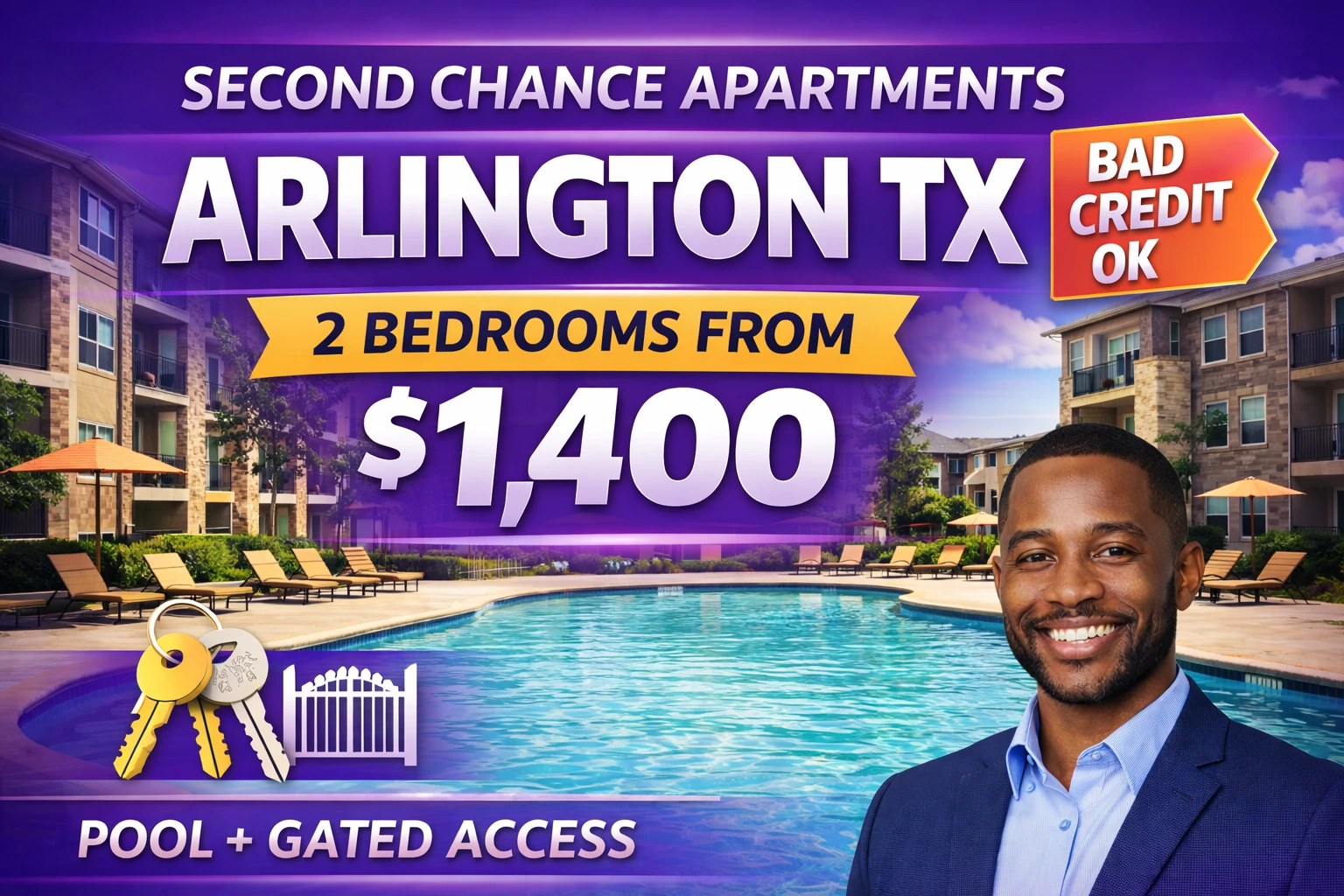 Second Chance Leasing Arlington TX • 2 Bedroom Apartments from $1,400 • Pool + Gated Access