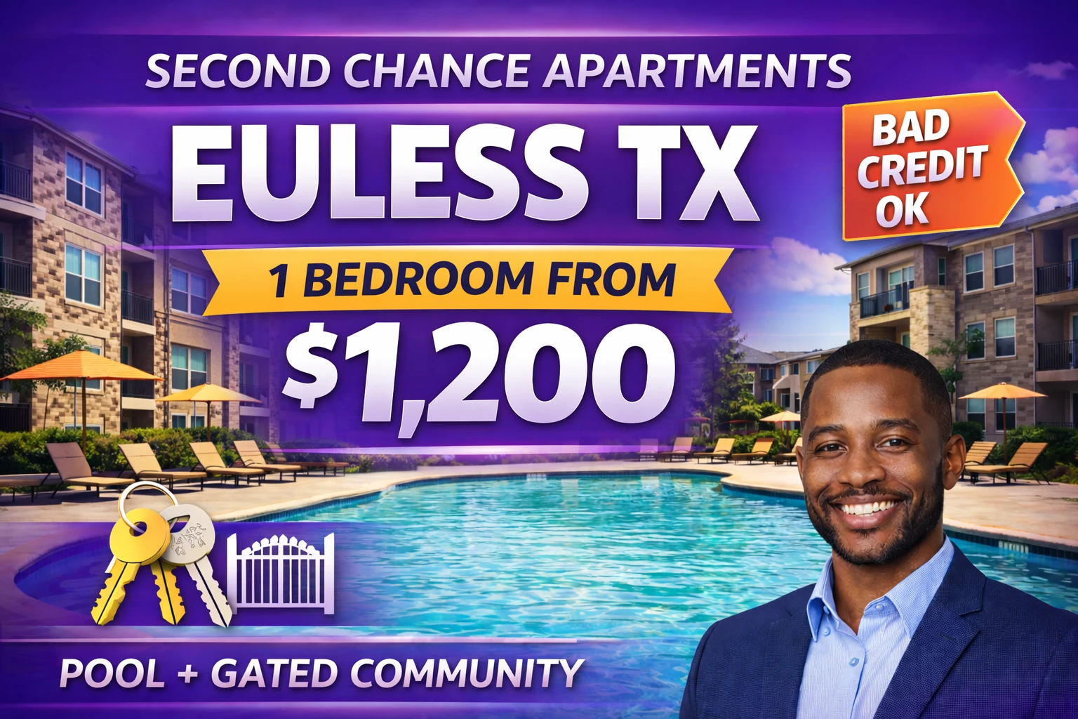 Second Chance Leasing Euless TX • 1 Bedroom Apartments from $1,200 • Pool + Gated Community