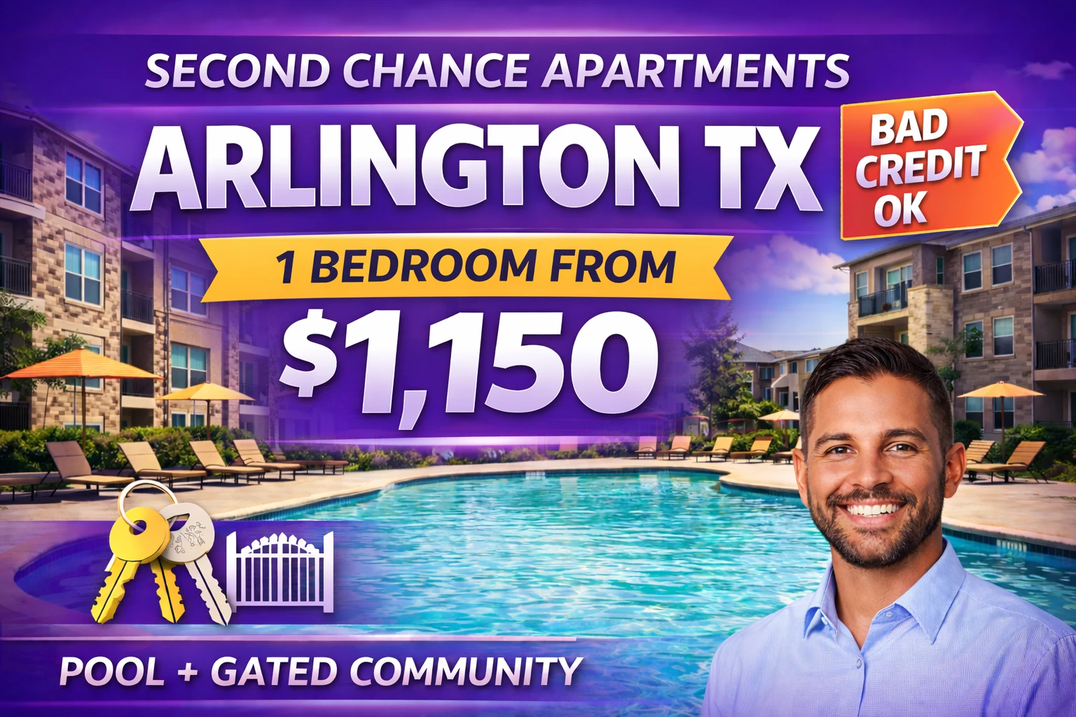 Second Chance Leasing Arlington TX • 1 Bedroom Apartments from $1,150 • Pool + Gated Access
