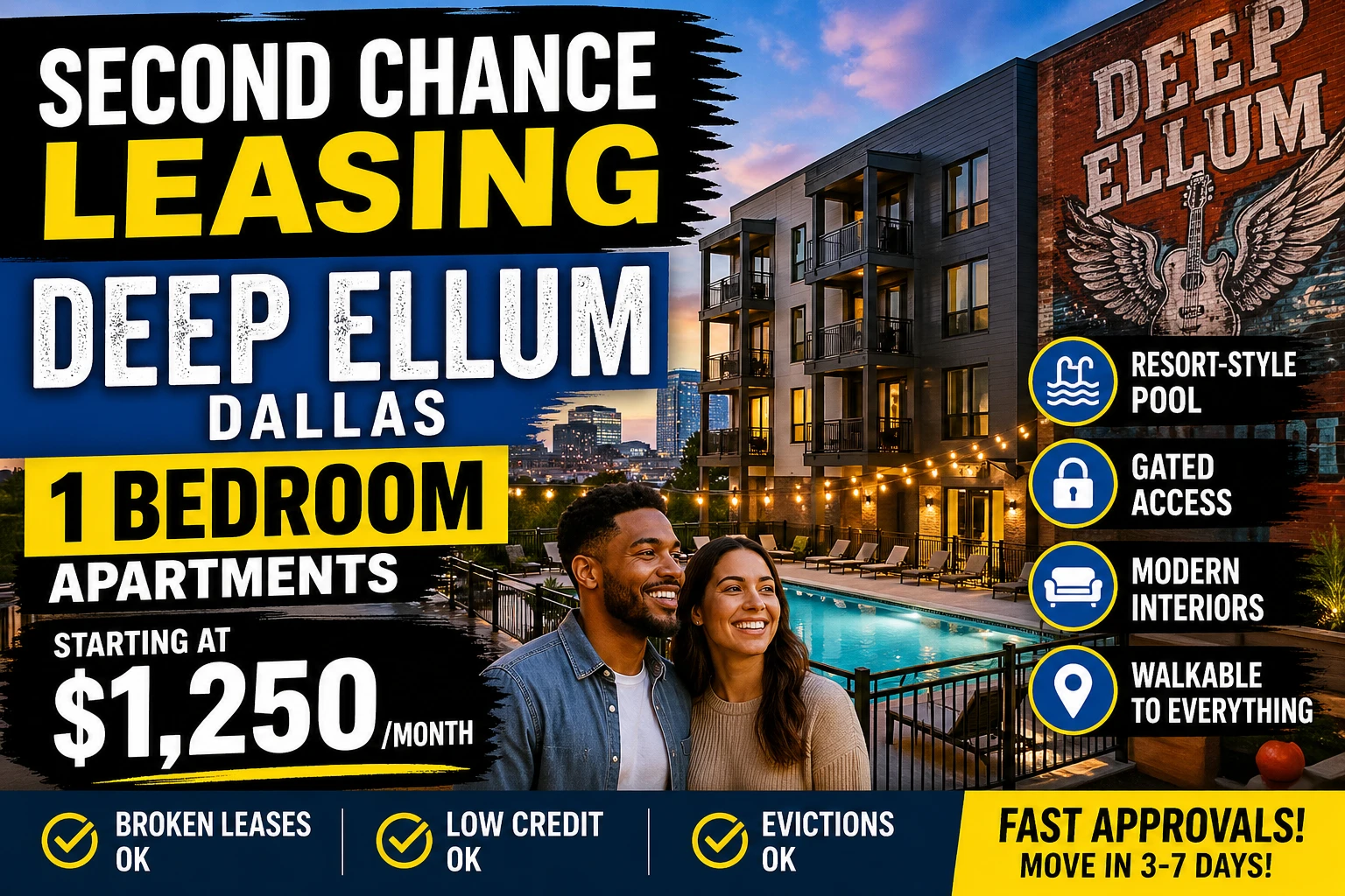 Second Chance Leasing Deep Ellum Dallas • 1 Bedroom Apartments Starting at $1,250 • Pool + Gated Access