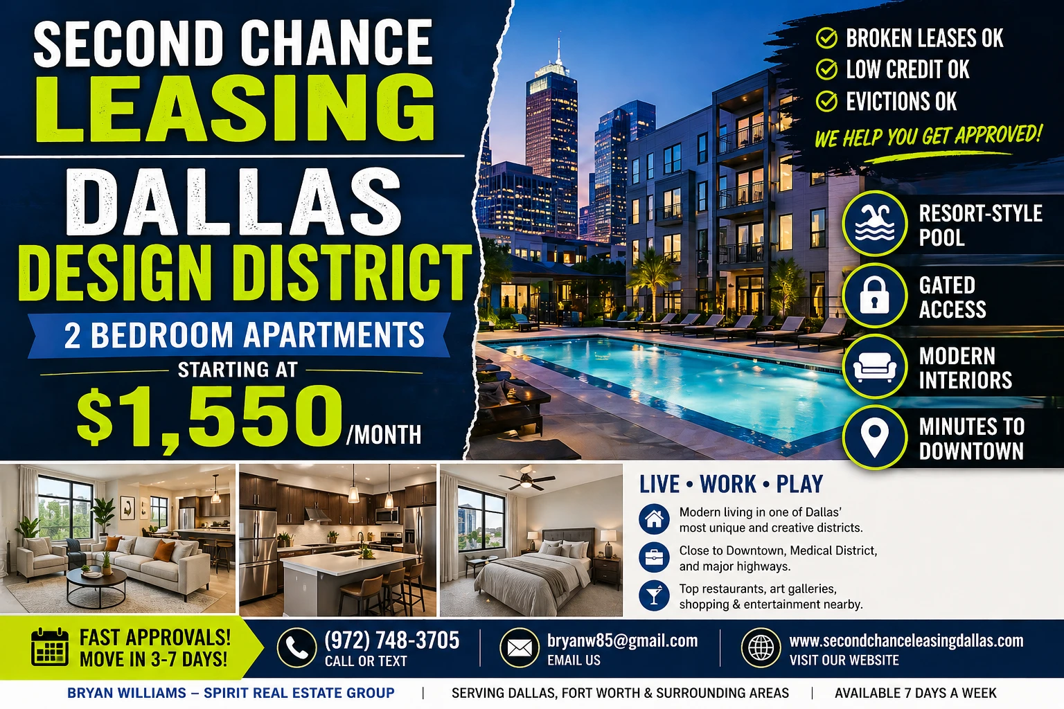 Second Chance Leasing Dallas Design District • 2 Bedroom Apartments Starting at $1,550 • Pool + Modern Interiors