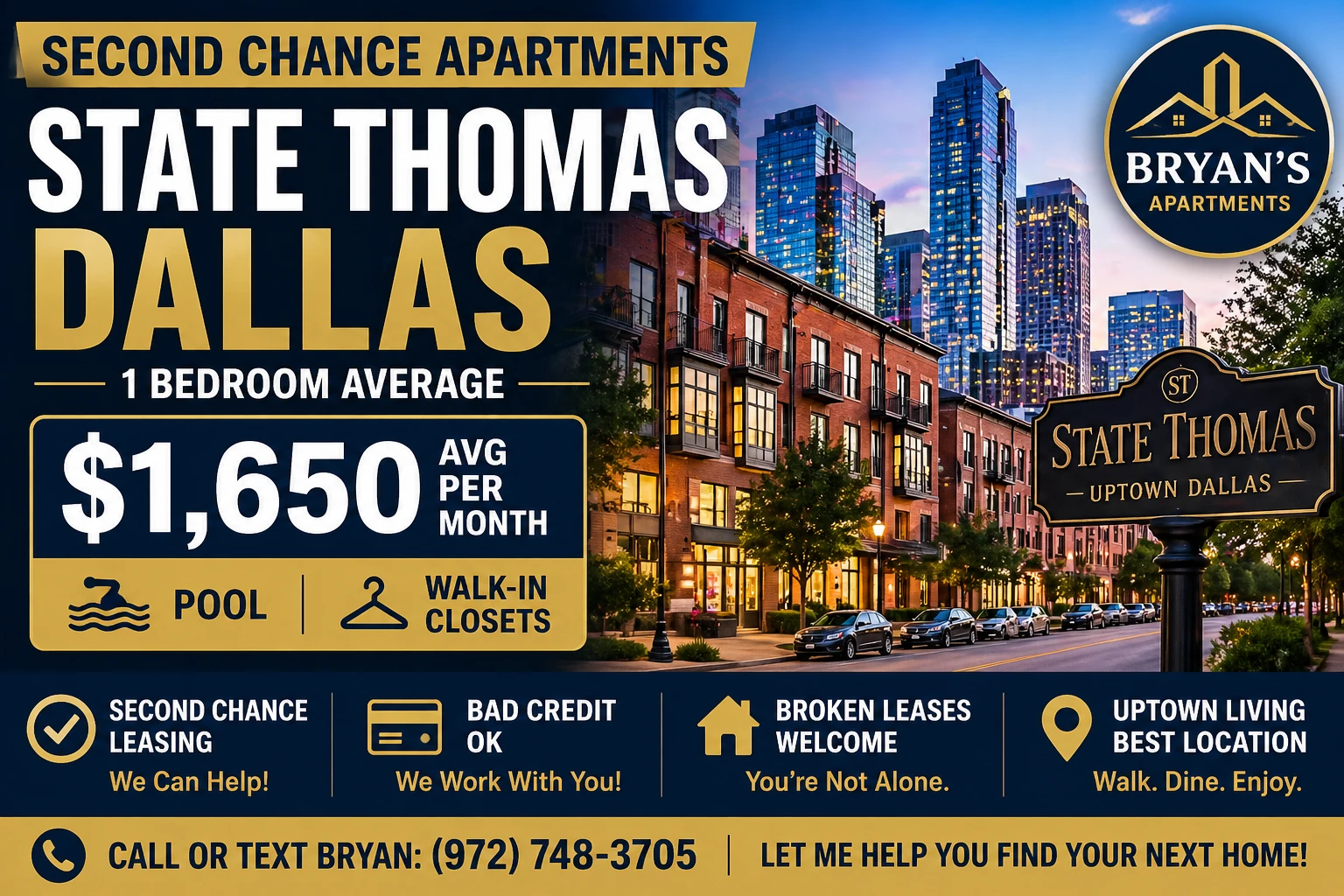 Second Chance Leasing State Thomas Dallas — 1 Bedroom Starting at $1,650 • Pool + Walk-In Closets