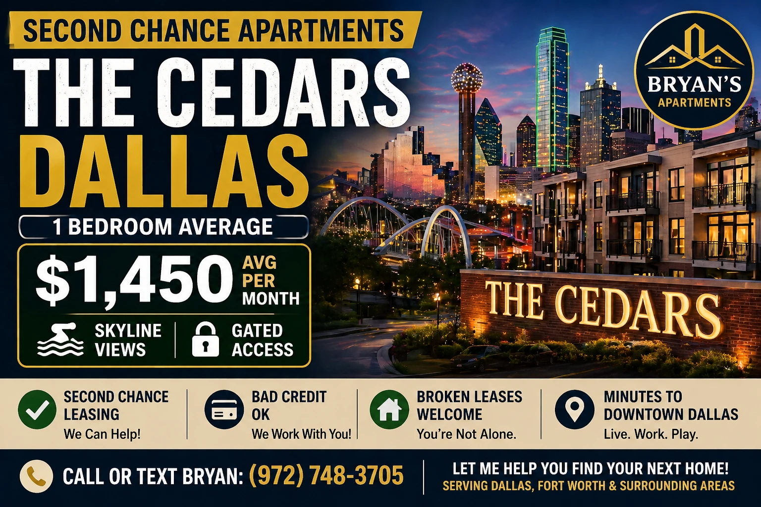 Second Chance Leasing The Cedars Dallas — 1 Bedrooms avg Starting at $1,450 • Skyline Views + Gated Access