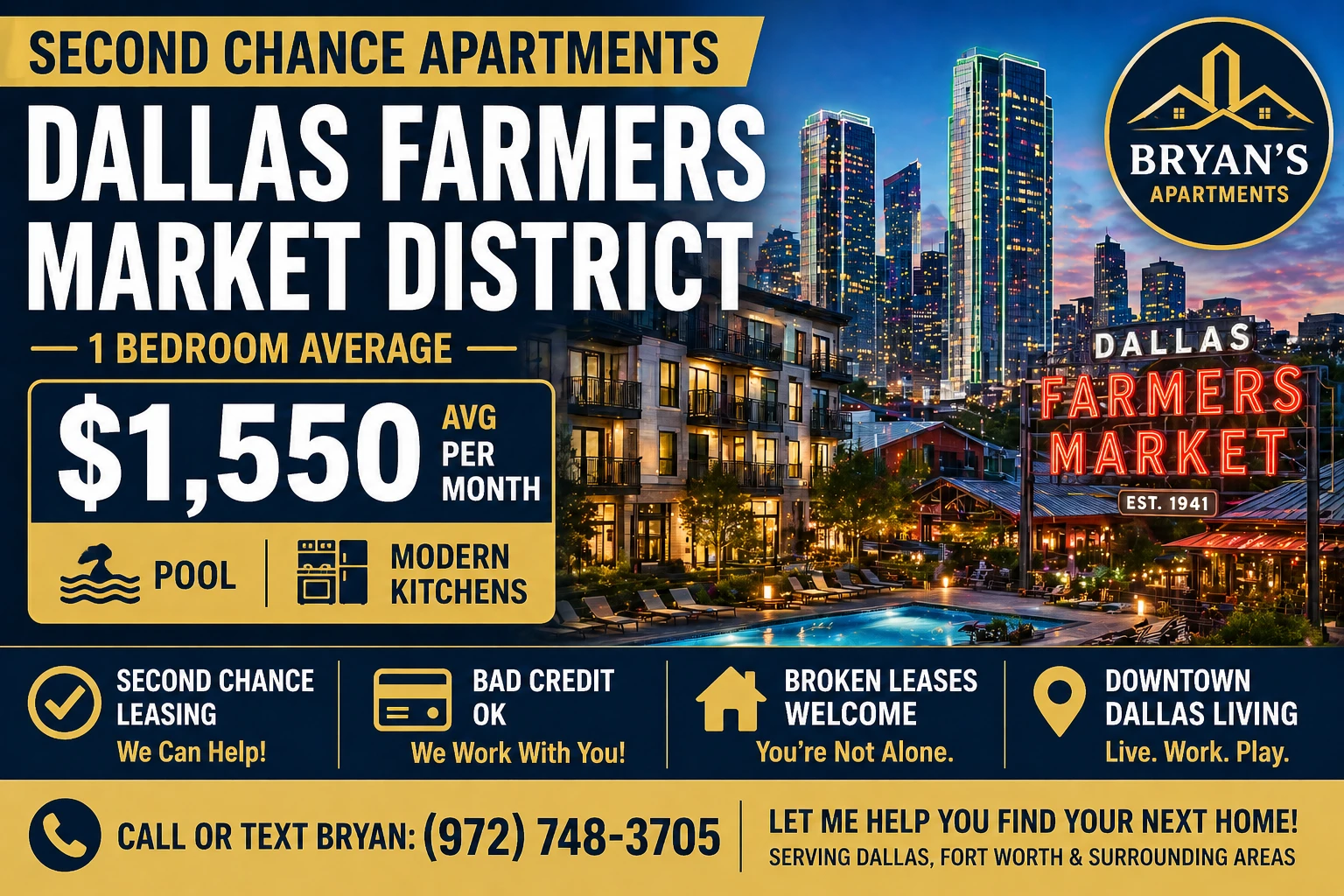 Second Chance Leasing Dallas Farmers Market District — 1 Bedrooms Starting at $1,550 • Pool + Modern Kitchens