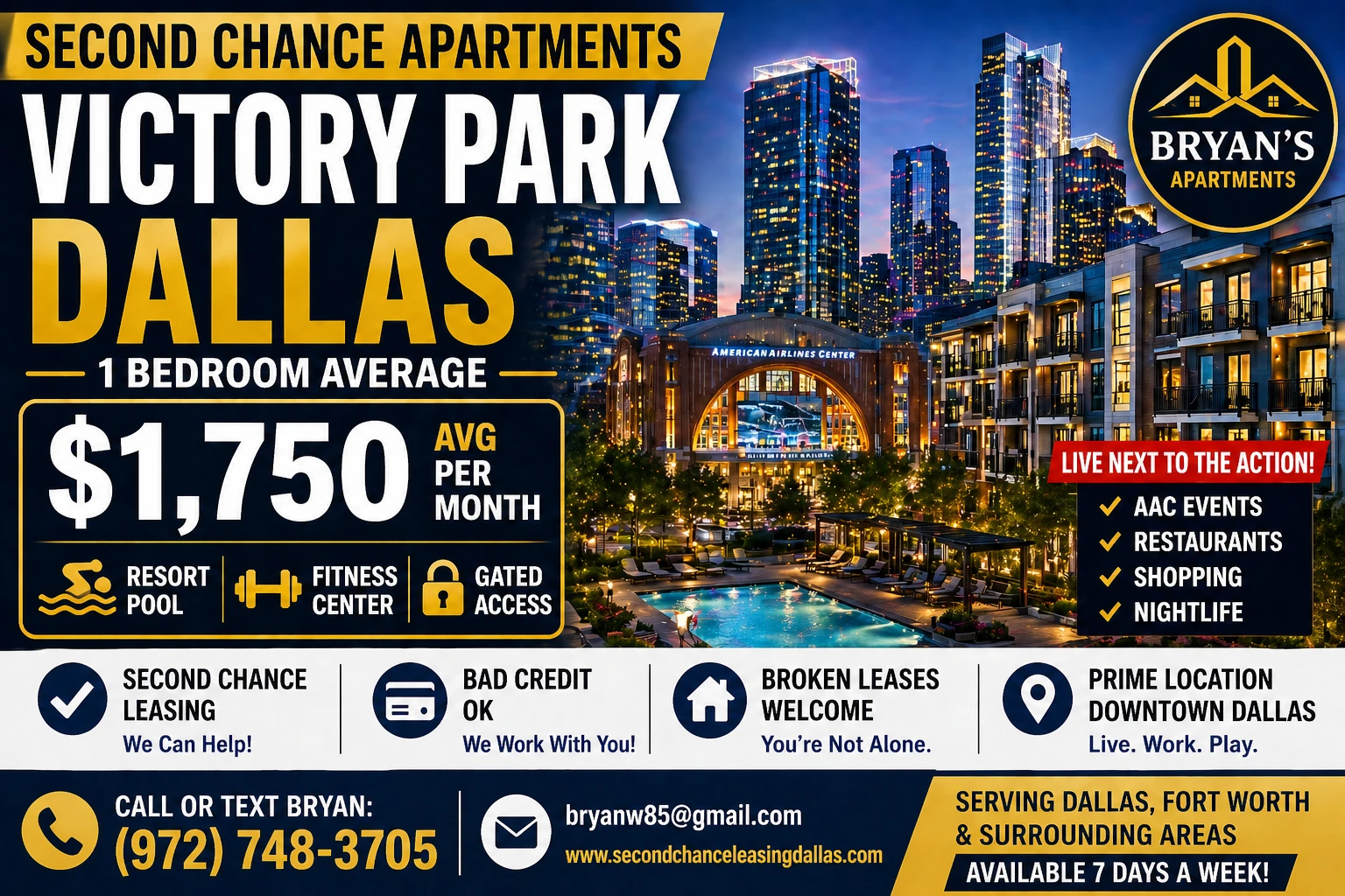 Second Chance Leasing Victory Park Dallas — 1 Bedrooms Starting at $1,750 • Pool + Fitness Center