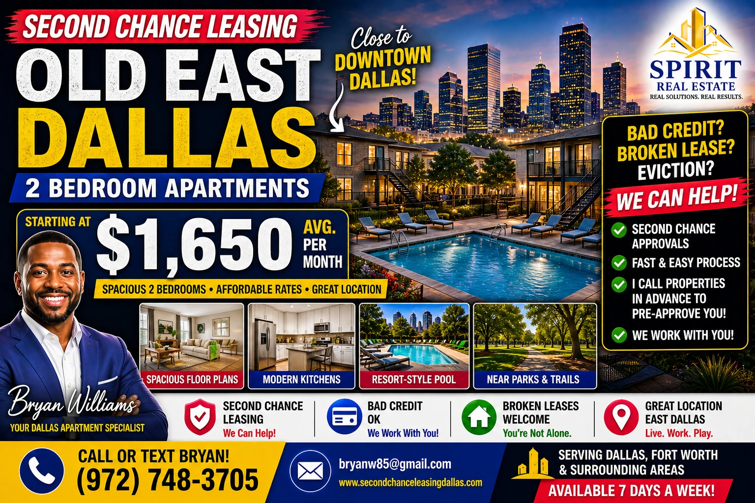 Second Chance Leasing Old East Dallas — 2 Bedroom Starting at $1,650 • Pool + Spacious Layouts