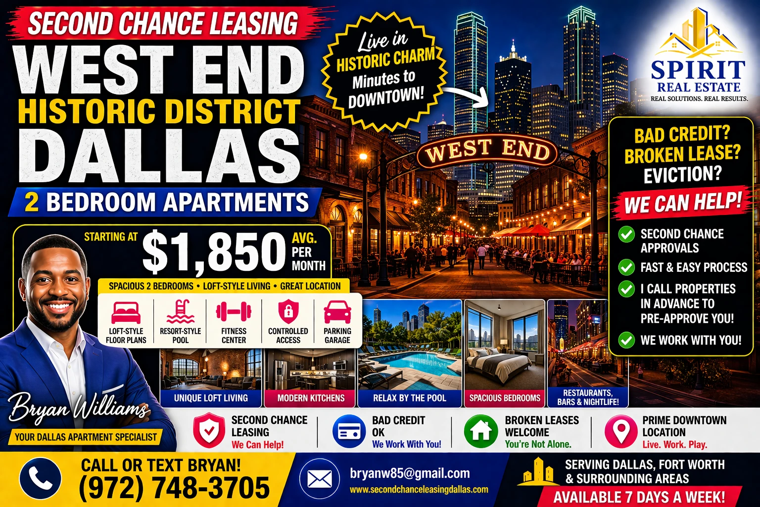 Second Chance Leasing West End Historic District Dallas — 2 Bedroom Starting at $1,850 • Pool + Loft-Style Living