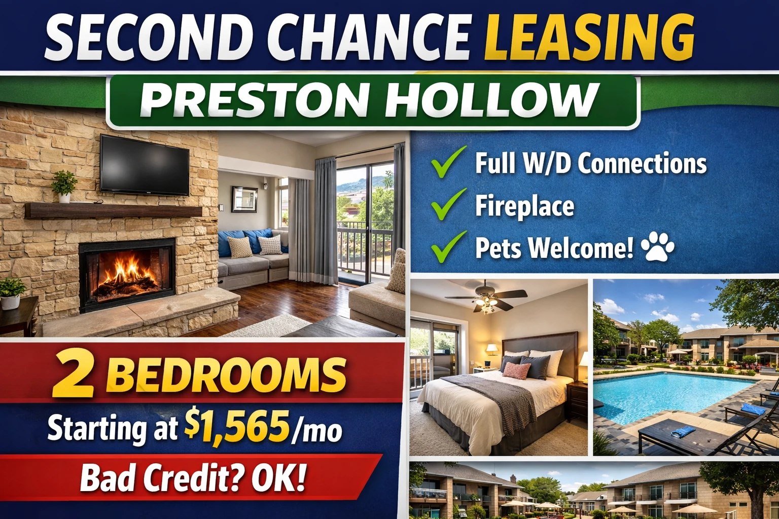 ⭐ Second Chance Leasing Preston Hollow |North Dallas - 2 Bedroom Starting at $1,565 • Fireplace • Pet Friendly